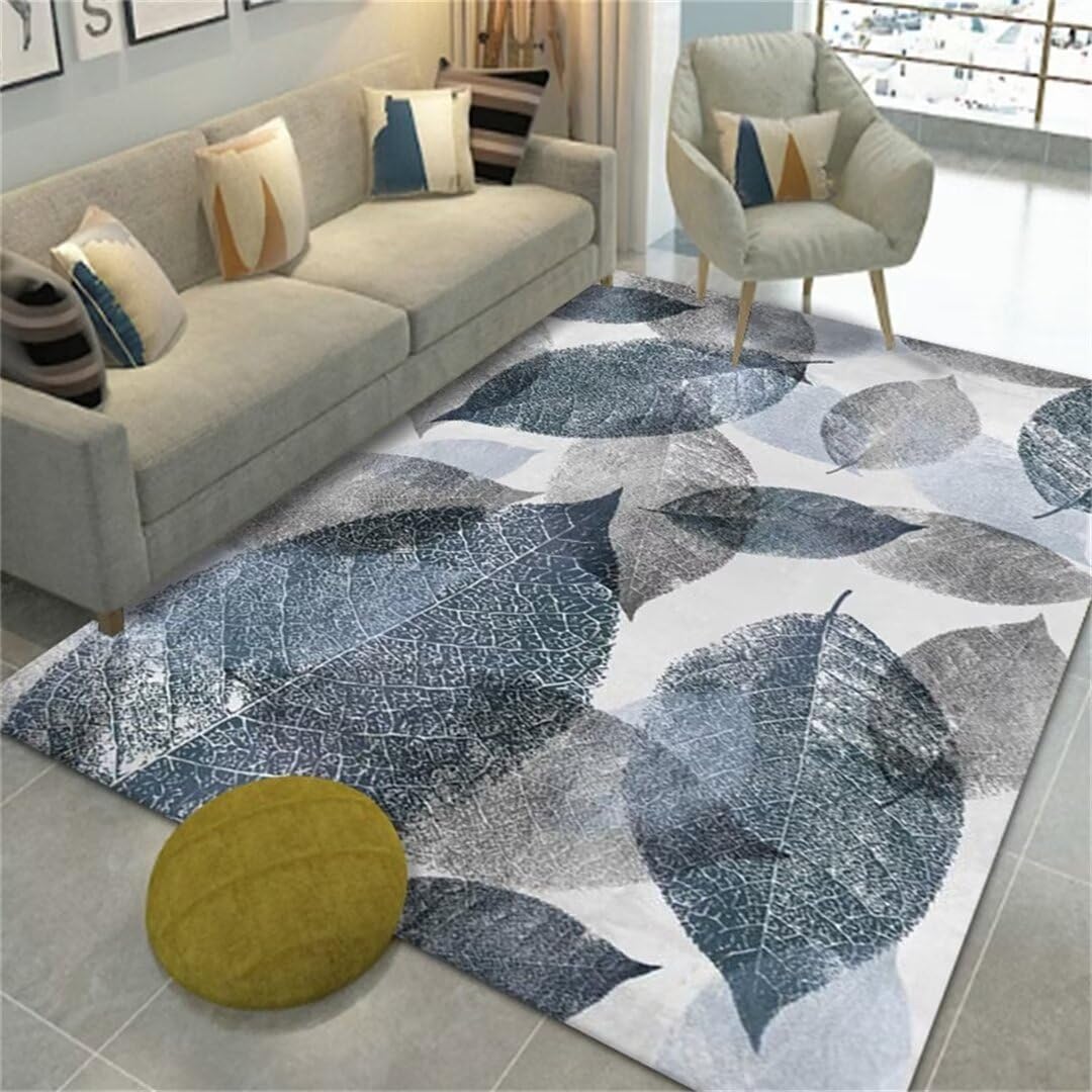Tapis de salon bleu moderne motif feuilles simples grand format 170x240
