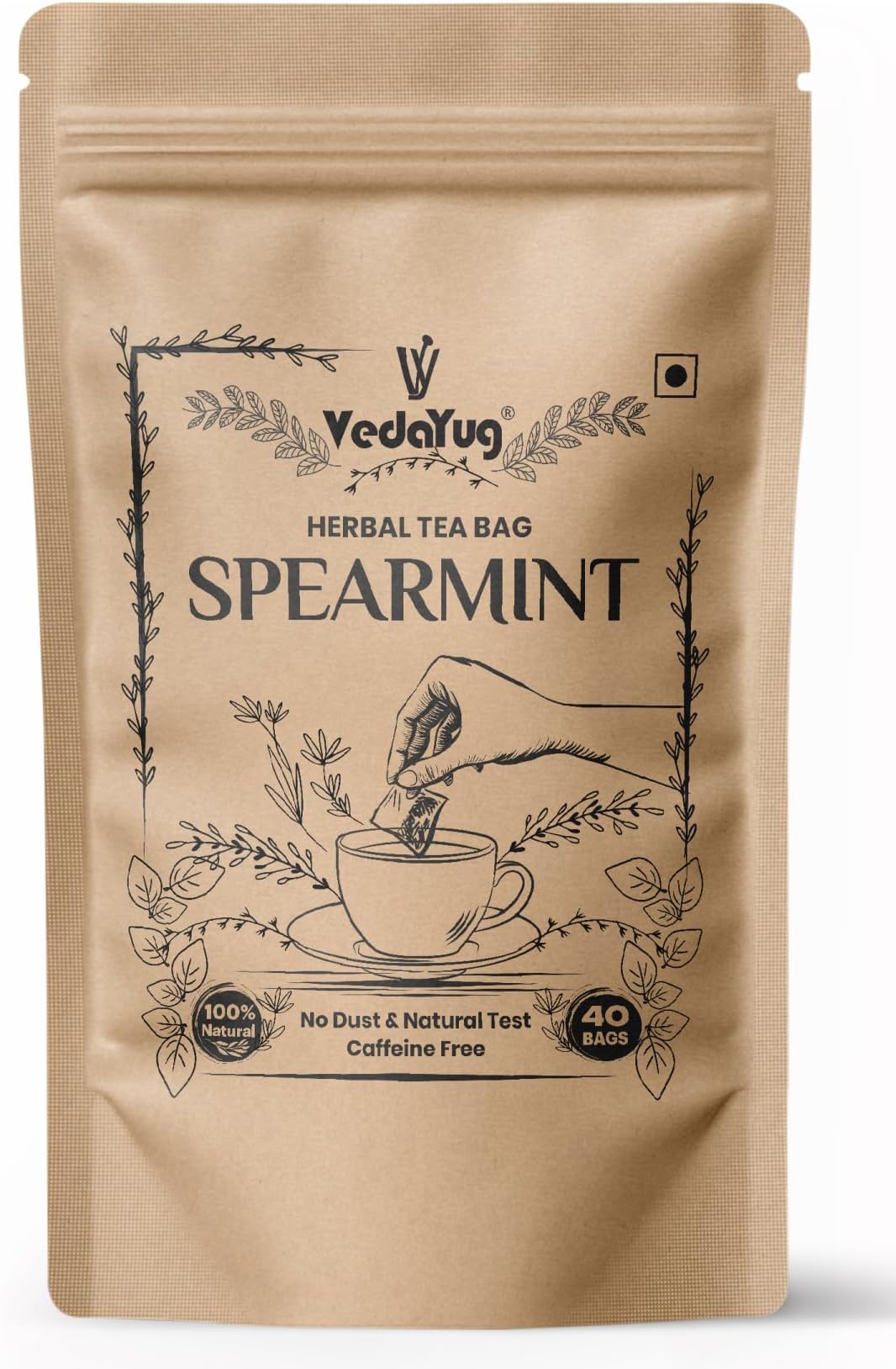 VY VedaYug Spearmint Tea Bags – 40 Cups Pure Herbal Sun-Dried Leaves, Spearmint Tea for PCOS For Women, Digestive & Hormonal Balance, Caffeine-Free