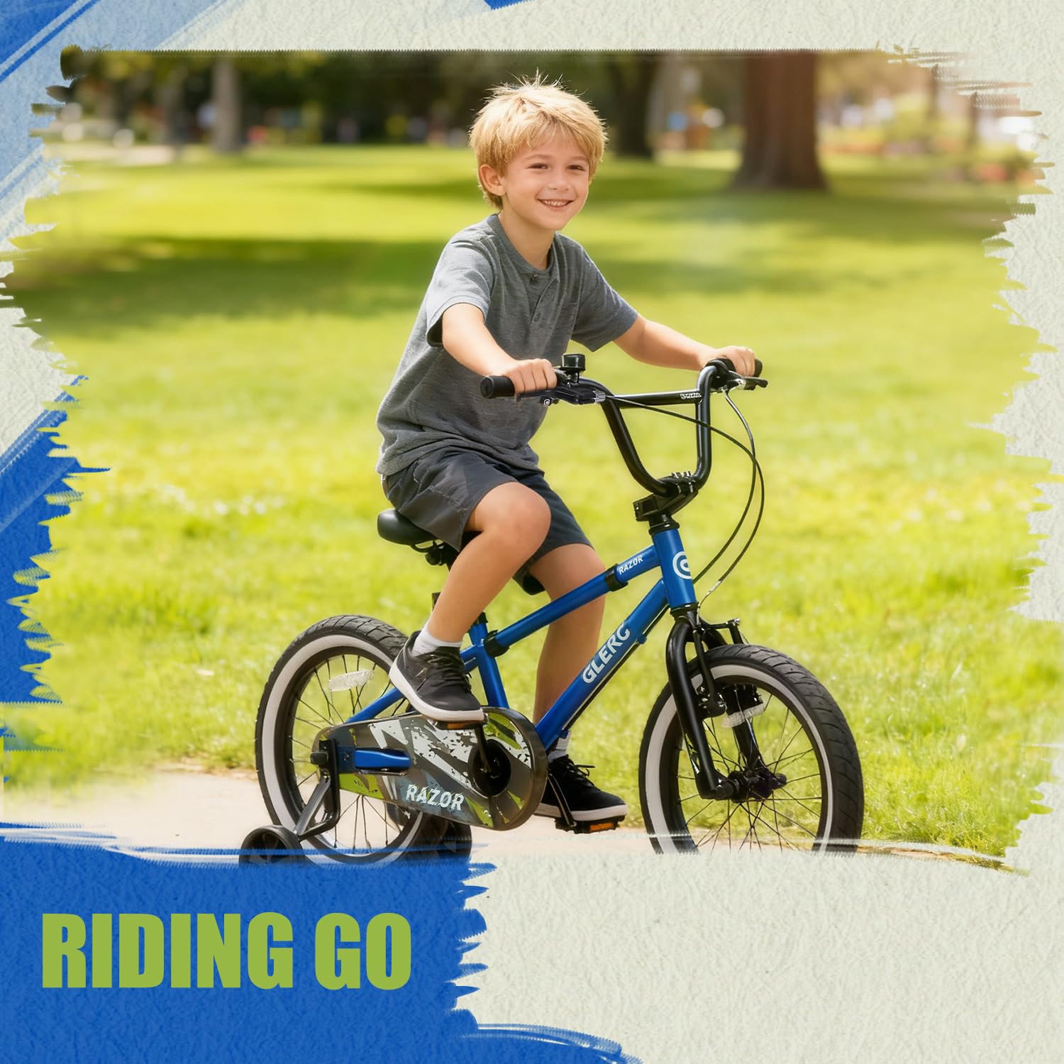 Glerc Razor 16 Zoll Kinderfahrrad für 4-7 jährige Jungen Jugendliche erstes BMX Style Fahrrad mit Ständer & Sicherheitsklingel & abnehmbaren Stützrädern, Blau