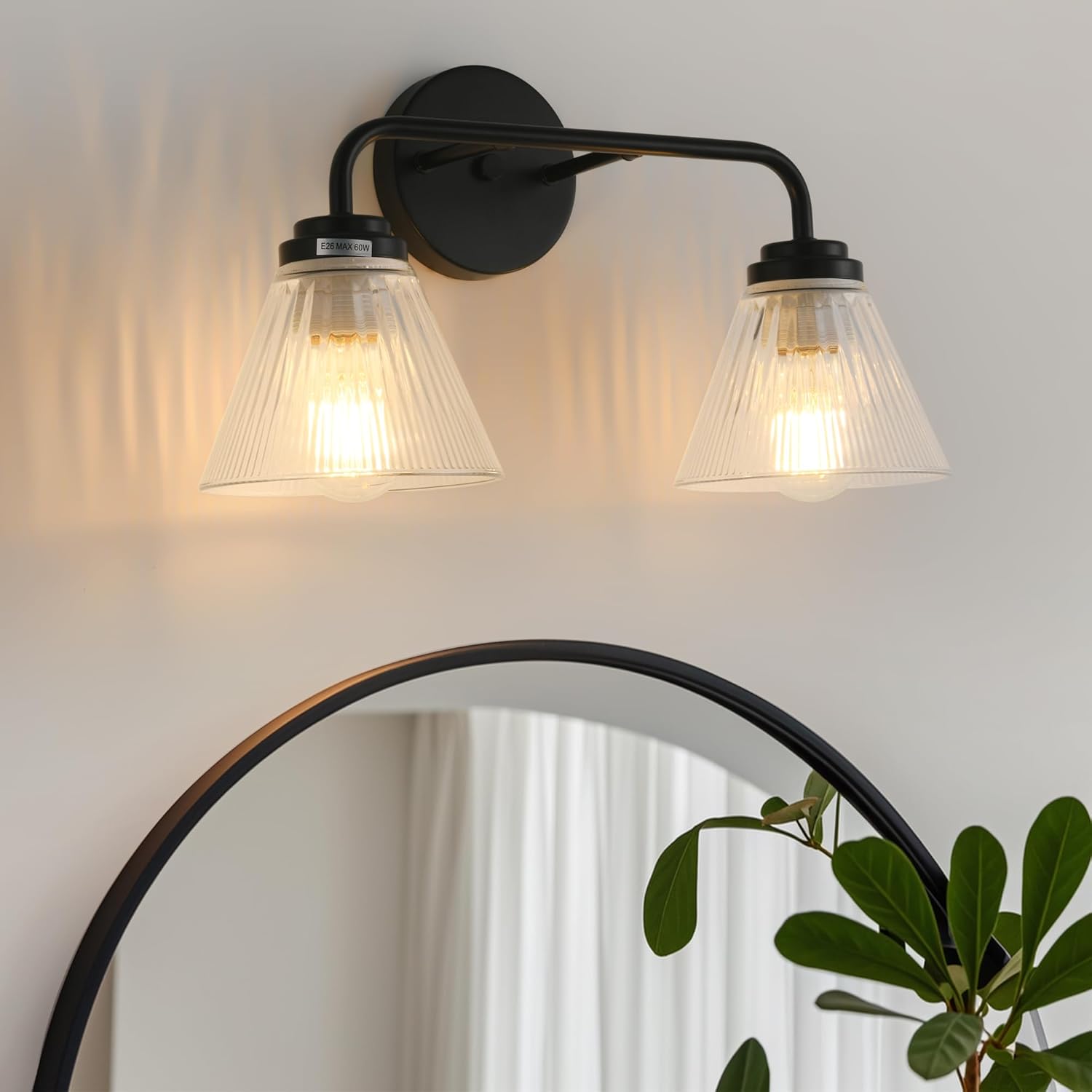 Modern Black Bathroom Vanity Light, 2-Light Wall Sconce with Clear Ribbed Glass Shades, Farmhouse Industrial Light Fixture for Bathroom, Vanity Mirror, Powder Room, Hallway (black, Powder Coated, 2)