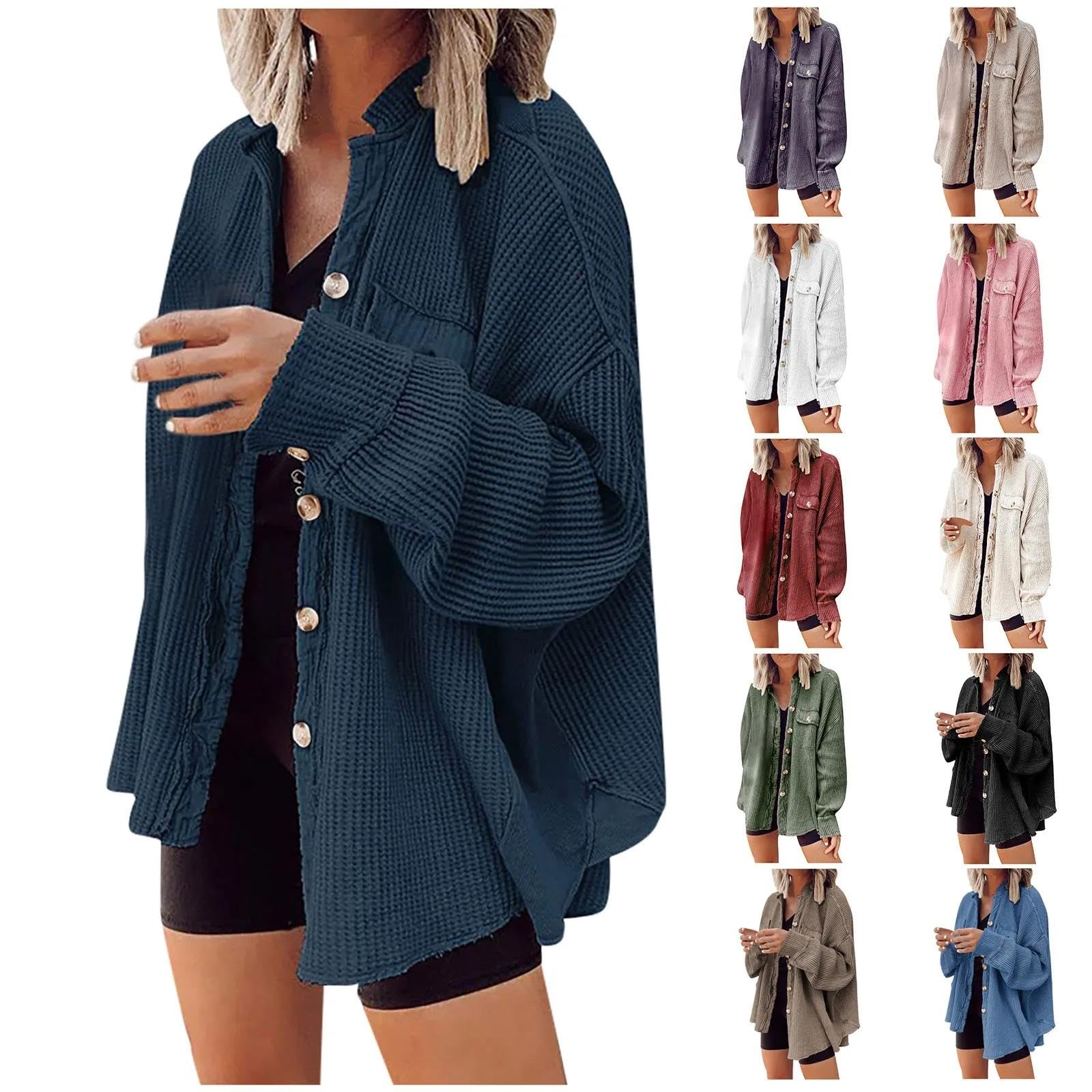 Pullover Cardigan Sweater Damen Jacke Lose Fledermaus Ärmel Waffel-Patchwork Unregelmäßig Gefälschte Taschen-Knopf Jacke