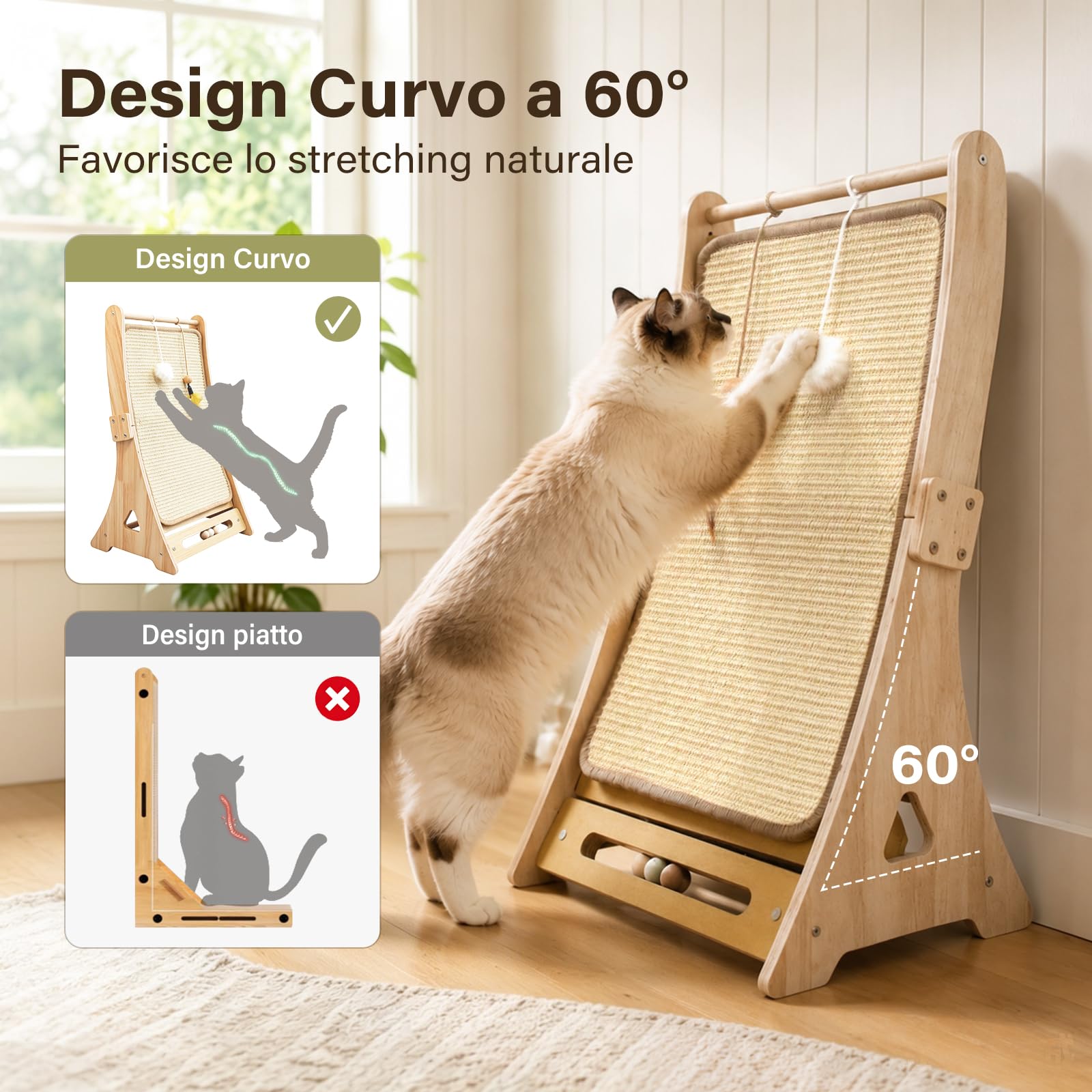 DONWEI Tiragraffi Sisal Curvo, Tigraffio per Gatti Adulti Anti Gatto Divano | Ergonomico 60°, Legno Massello Faggio, Tiragraffi Tappetino Sisal Naturale per Gatti, 3 Giochi Interattivi per Gatti, 65CM