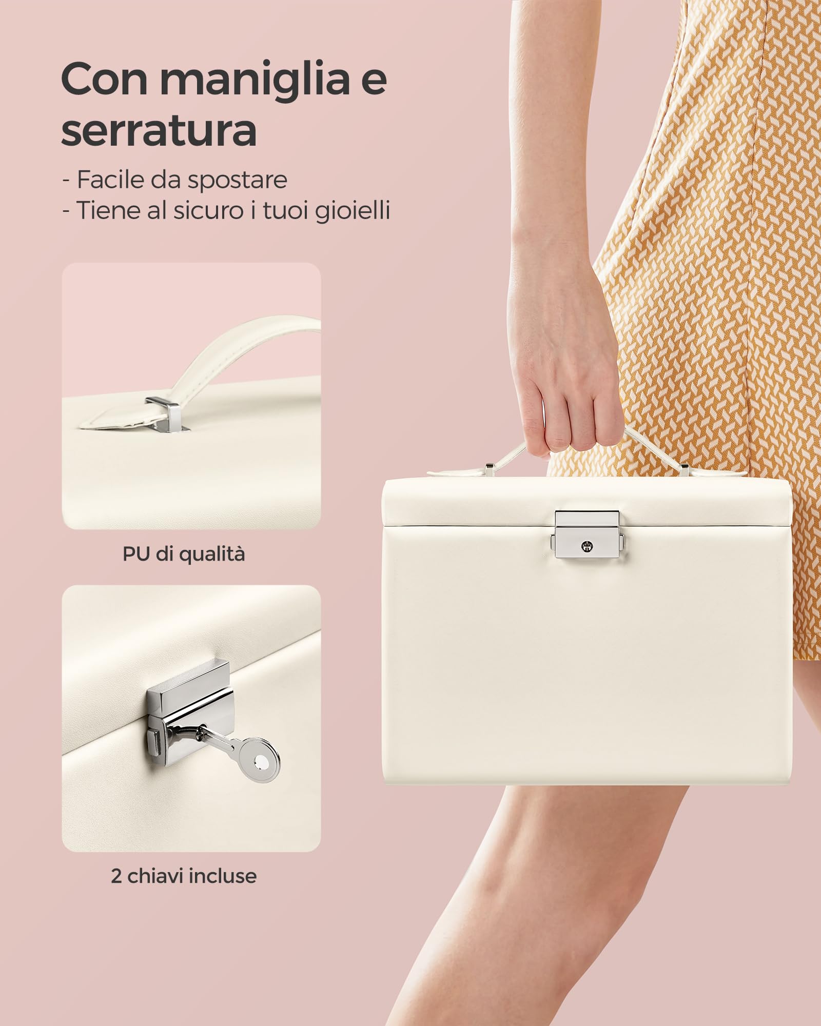 SONGMICS Scatola Portagioie, 4 Livelli, Porta Gioielli con Maniglie, 3 Cassetti, Specchio e Chiusura, Portagioie da Viaggio, Idea Regalo, Superficie Bianca Nuvola, Fodera Bianca Crema JBC159W02