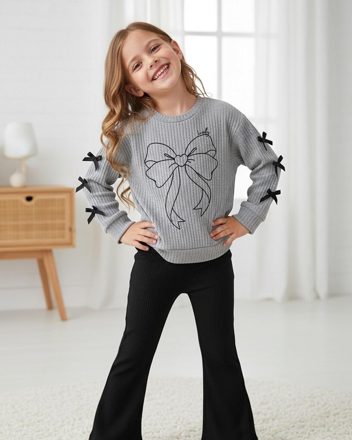 Toddler Girl Clothes Kids Outfits Long Sleeve Ribbed Sweatshirt Bell Bottom Pants Set Fall Winter Clothing for Girls - Image 2