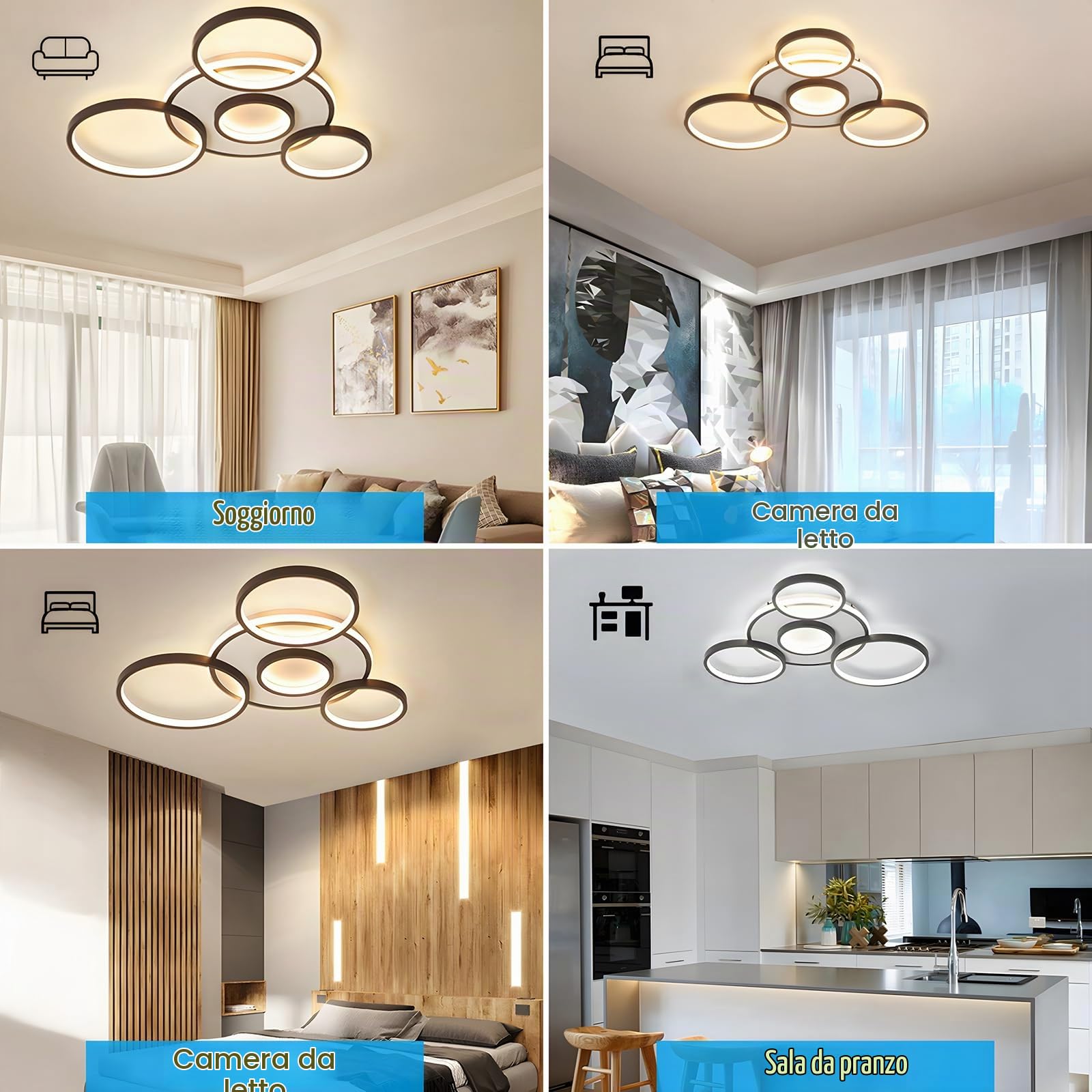 LED Plafoniera Moderna, Ø70cm Lampada Multi Cerchio Nera, 58W Dimmerabile Continuo 3000-6000K, Lampadario Rotondo In Metallo + Acrilico, Camera Letto Soggiorno Bambini Ufficio Studio(5 Anelli)