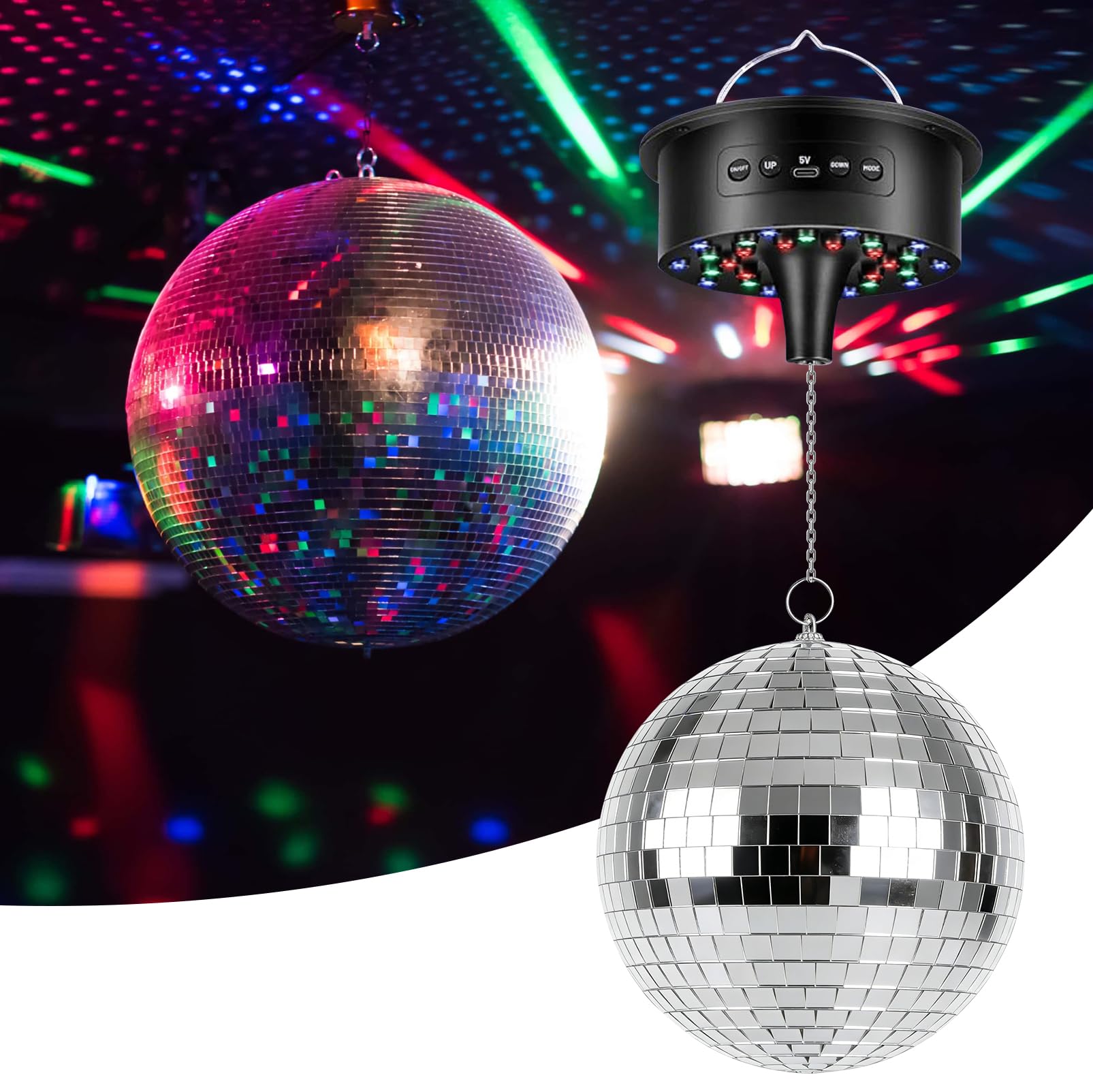Bola de discoteca con motor y luz, bola de espejo de 20 cm con 30 perlas LED, 6 modos de color, 3 programas, mando a distancia y control de sonido, funciona con USB/batería para fiestas, discotecas