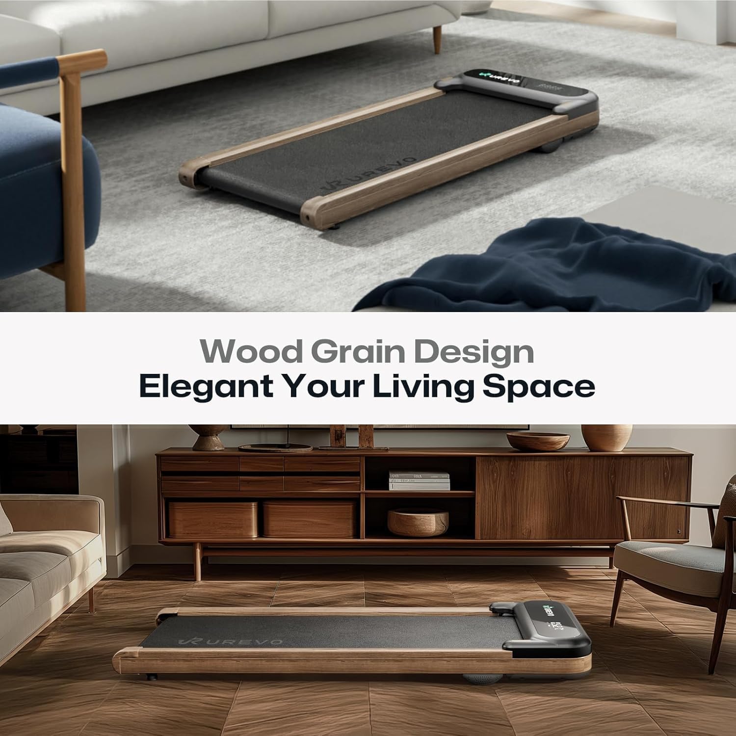 UREVO E4W Smart Walking Pad, Standing Desk Treadmill with Wood Grain Design, 8-Point Shock Absorption, Quiet Operation, Workout APP with Track Insights and MIIT Mode, Plug and Play, Remote Control