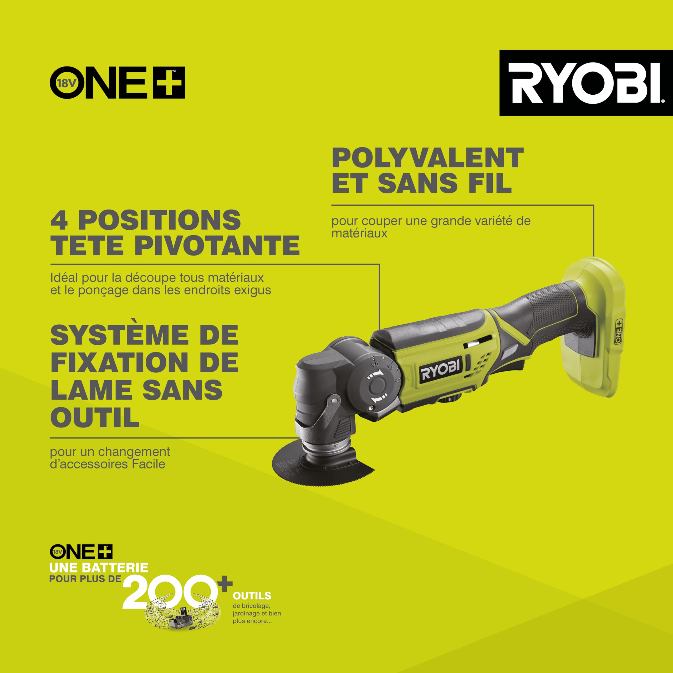 RYOBI - Outil Multifonction Oscillant Sans Fil 18V ONE+ R18MT-0 – Système Fixation Rapide, Variateur Vitesse – Idéal Découpe, Ponçage, Grattage – Batterie Non Incluse