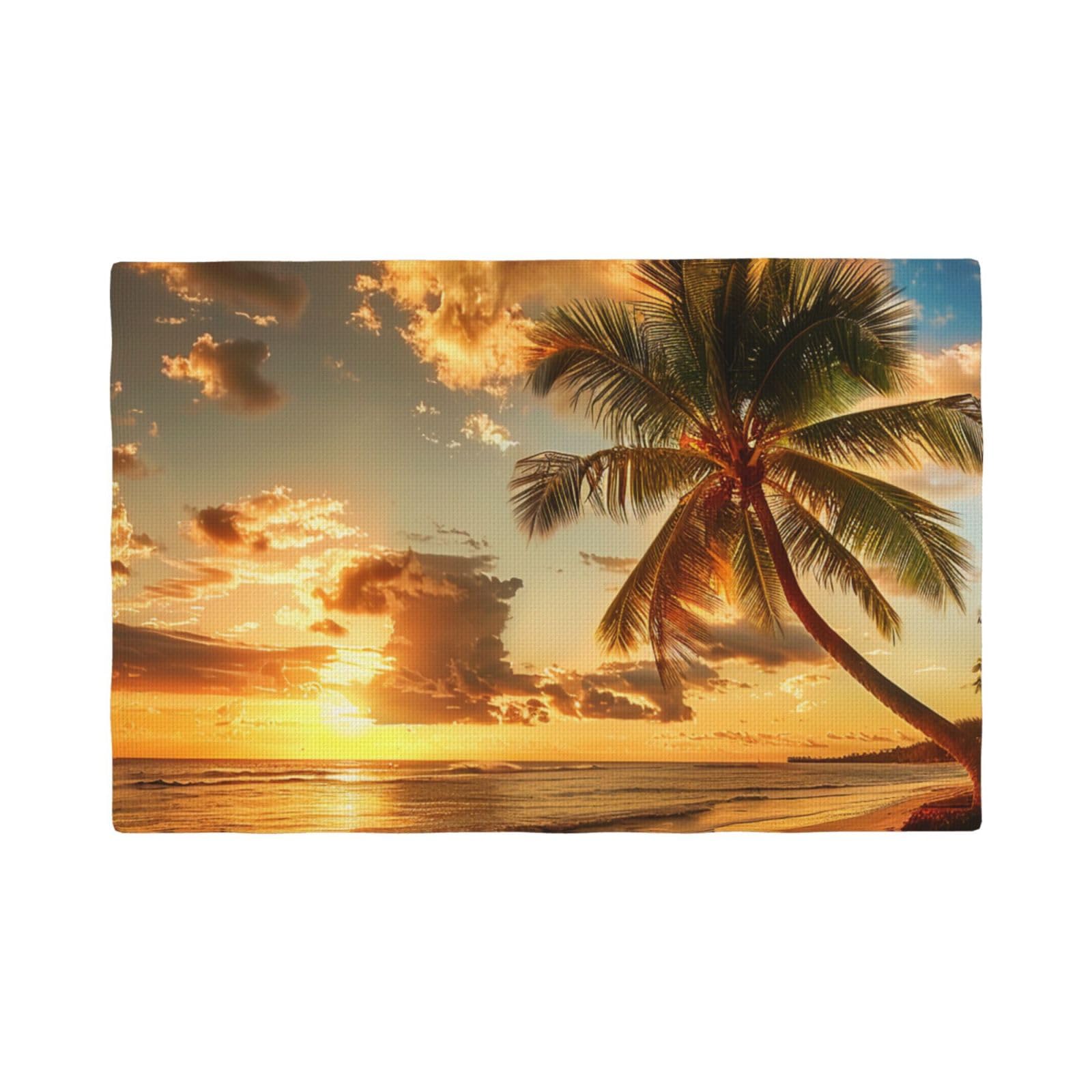 Sunset Hawaiian Palm Tree Print Placemats Set, Heat Resistant Washable Placemat 12x18in Table Mats for Party Kitchen Dining Table Decoration Indoor Outdoor, Four Pieces
