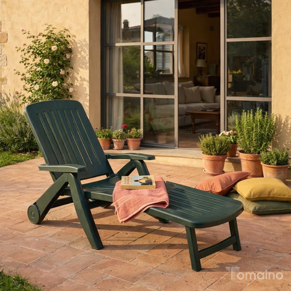 Tomaino - Sonnenliege aus Kunststoff für den Garten - Rückenlehne neigbar, klappbar mit Rädern - Camping, Strand, Pool, für den Außenbereich (grün)