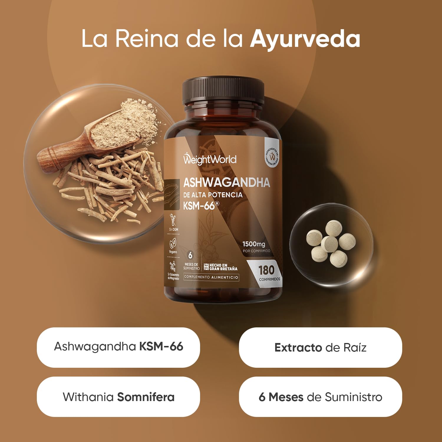 Ashwagandha KSM-66 1500mg, 180 Comprimidos, 6 Meses de Suministro - 12:1 del Extracto de la Raíz de Withania Somnifera, Apto para Veganos, Sin Estearato de Magnesio ni OGM