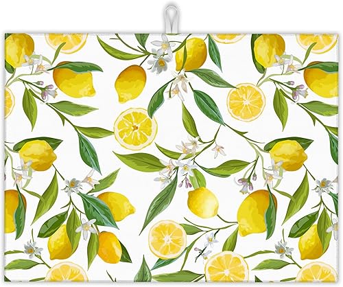 Tapete de secado de platos de frutas de limón, hojas y flores, almohadilla de secado de platos de encimera, tapete de microfibra ultra absorbente