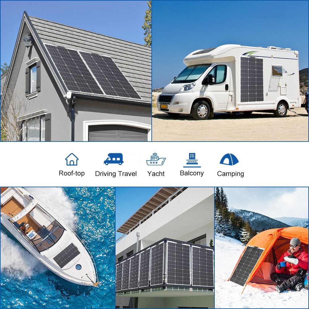 200W 12V Flexible Solar Panel System Kit 20A Charge Controller Cables with Alligator Clip PV Connector Cables 12V Battery Camper Cabin Boat