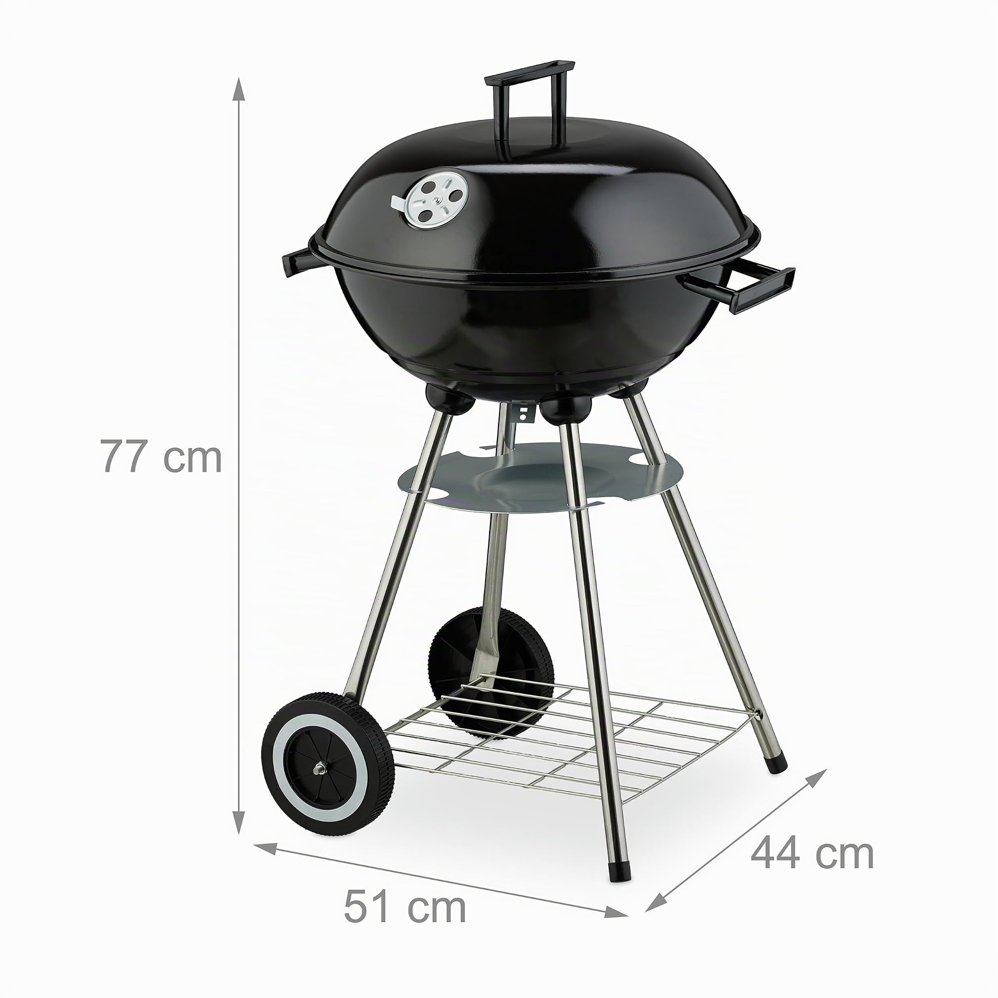 Relaxdays Barbecue a Sfera con Coperchio, Ø 44 cm, Grill a Carbonella da Esterno, 2 Ruote e Vassoio Raccoglicenere, Nero