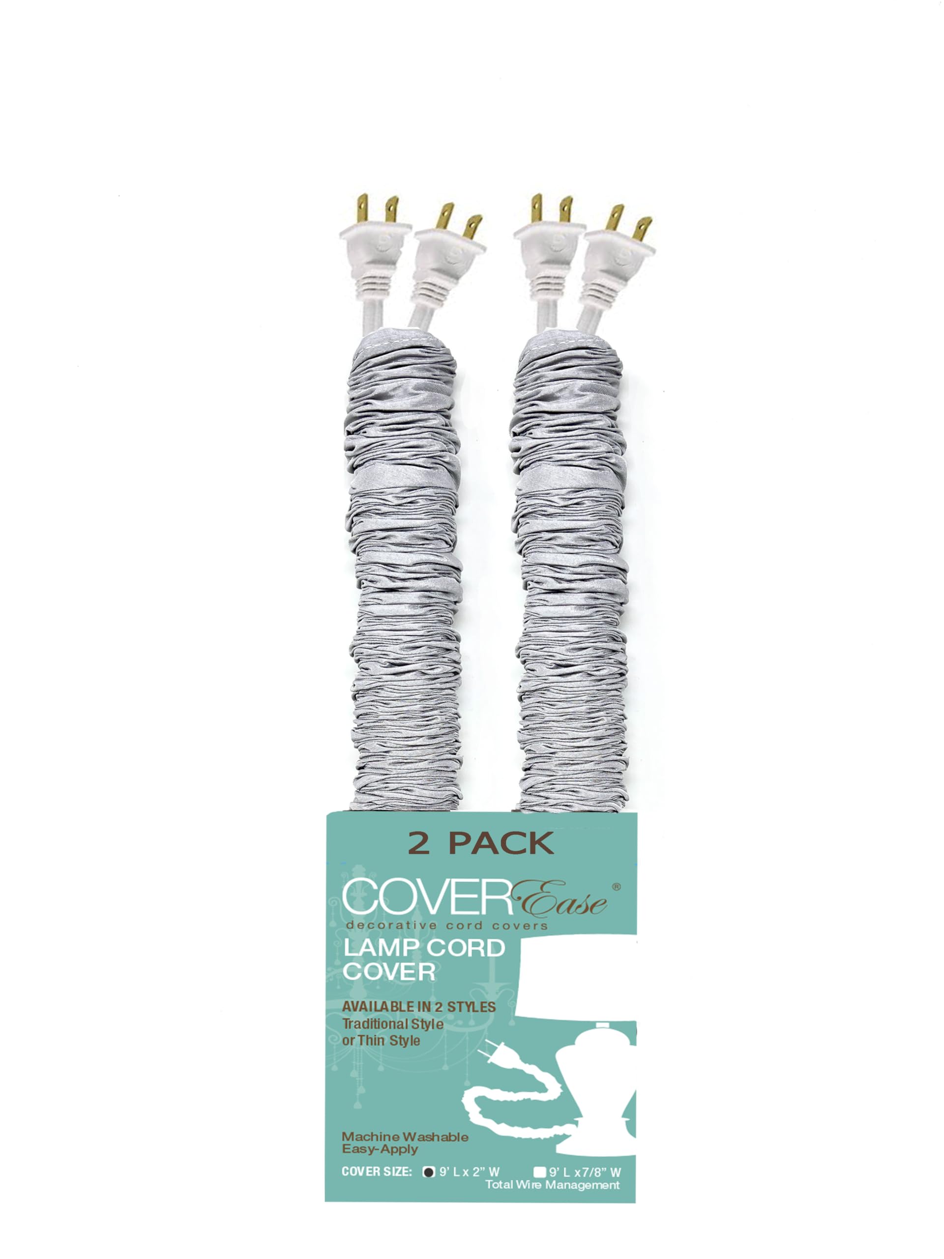 Gray COVEREase Cord Cover 9 ft Faux Silk Fabric Lamp Cord Cover - Cable Sleeve, Wire Cover, Cord Hider for Cable Management for Electrical Lighting Fixtures (2 Pack)