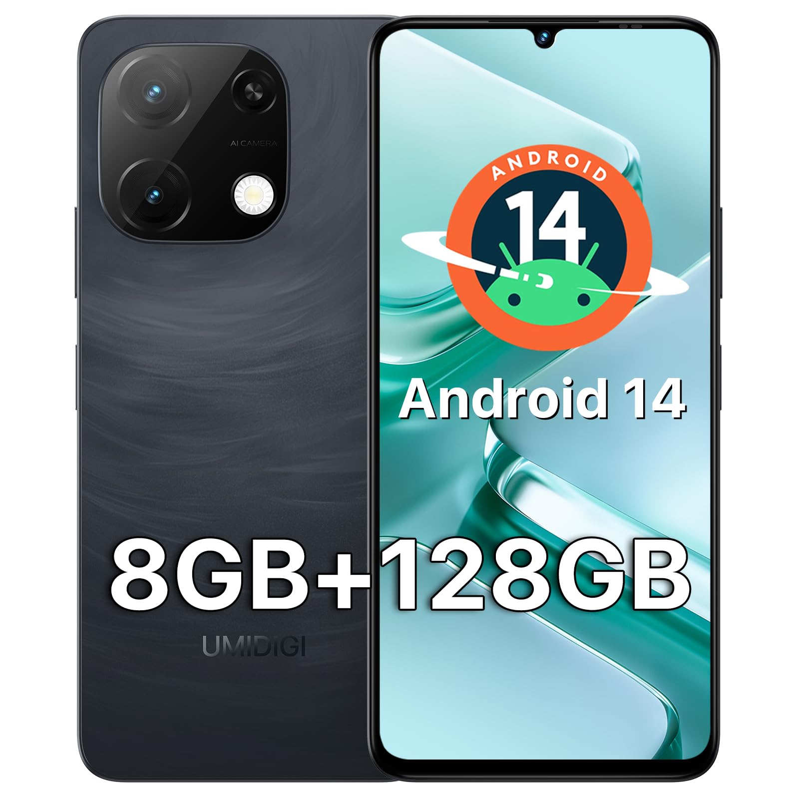 UMIDIGI Mobile Phones, 8GB+128GB/2TB TF, 6.75" HD+90Hz Smartphone, 18W PD 5000mAh Battery, G9T Phone Android 14,13MP, 4G Dual SIM Free Unlocked Phone, 5G WiFi/OTG/Fingerprint/Face ID/GPS, Black