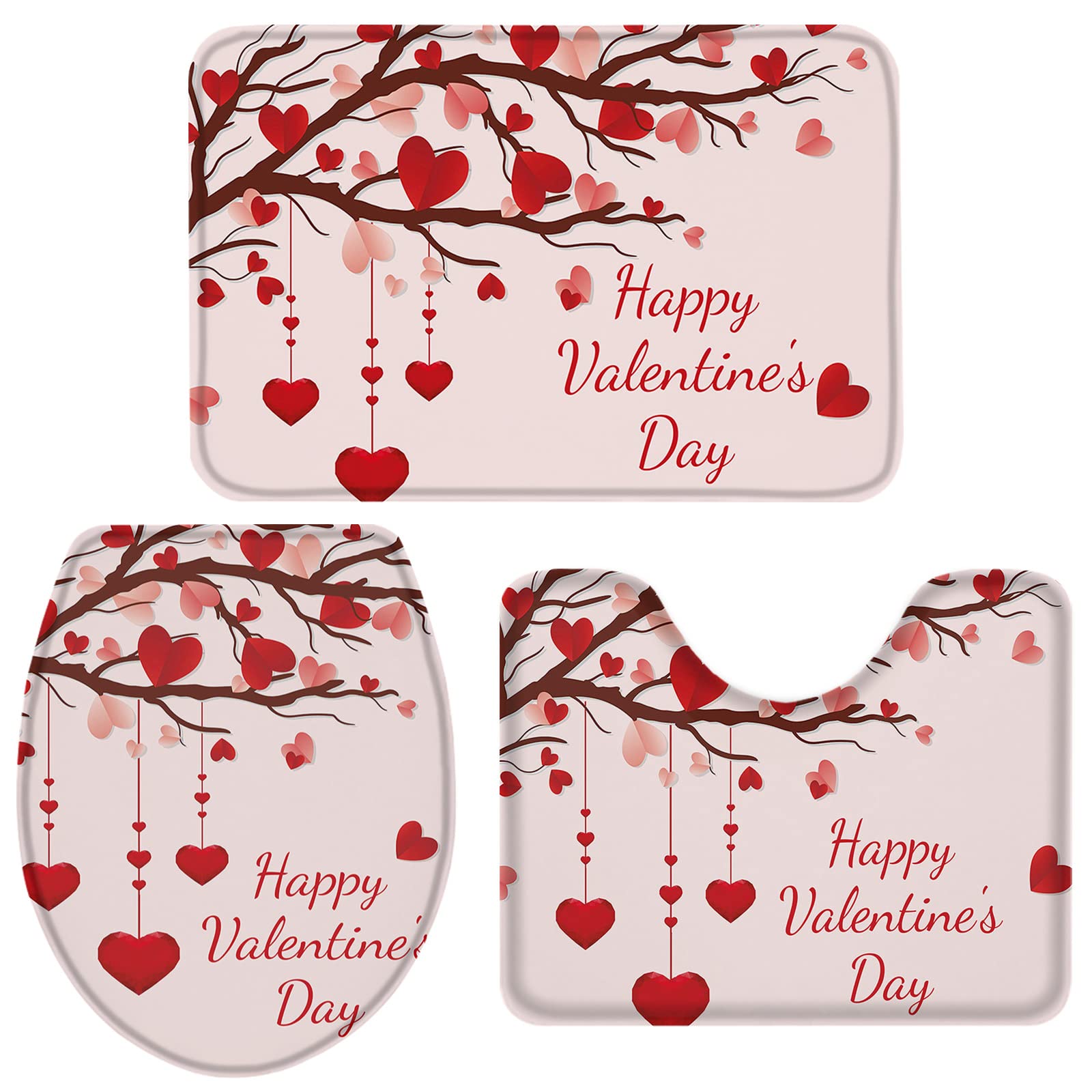 Queenker 3 Pieces Bath Rug Set Toilet Seat Cover Happy Valentine's Day Love Heart Tree Pink Contour Rug,Pedestal Mat and Toilet Lid Cover,Non-Slip Bathroom Floor Mat 18'x30+14