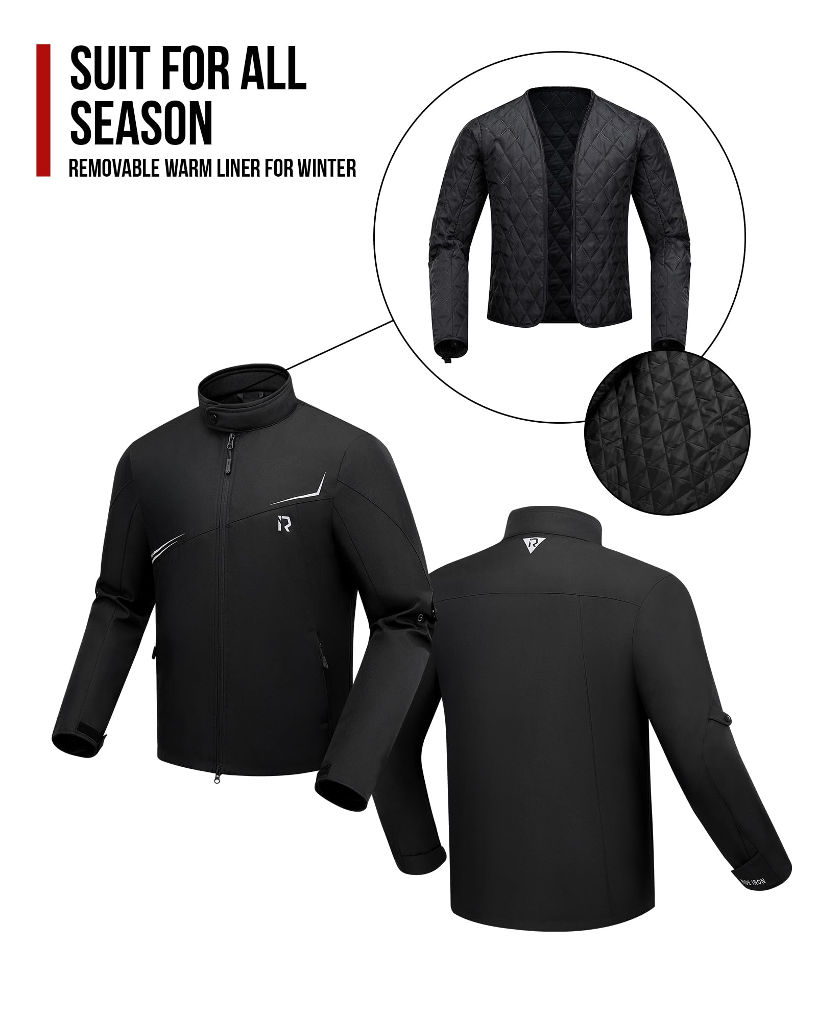 RIDEIRON Chaqueta Moto Hombre con Protectores CE, Forro Extraíble, Chaqueta Moto para Proteger contra el Frío y el Viento,Todas las Estaciones,Negro