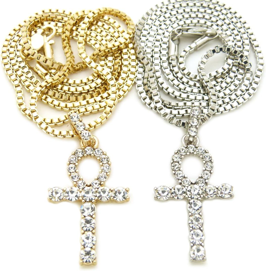 Egyptian Pave Double Ankh Pendant 24" Various Chain 2 Necklace Set in Gold, Silver Tone