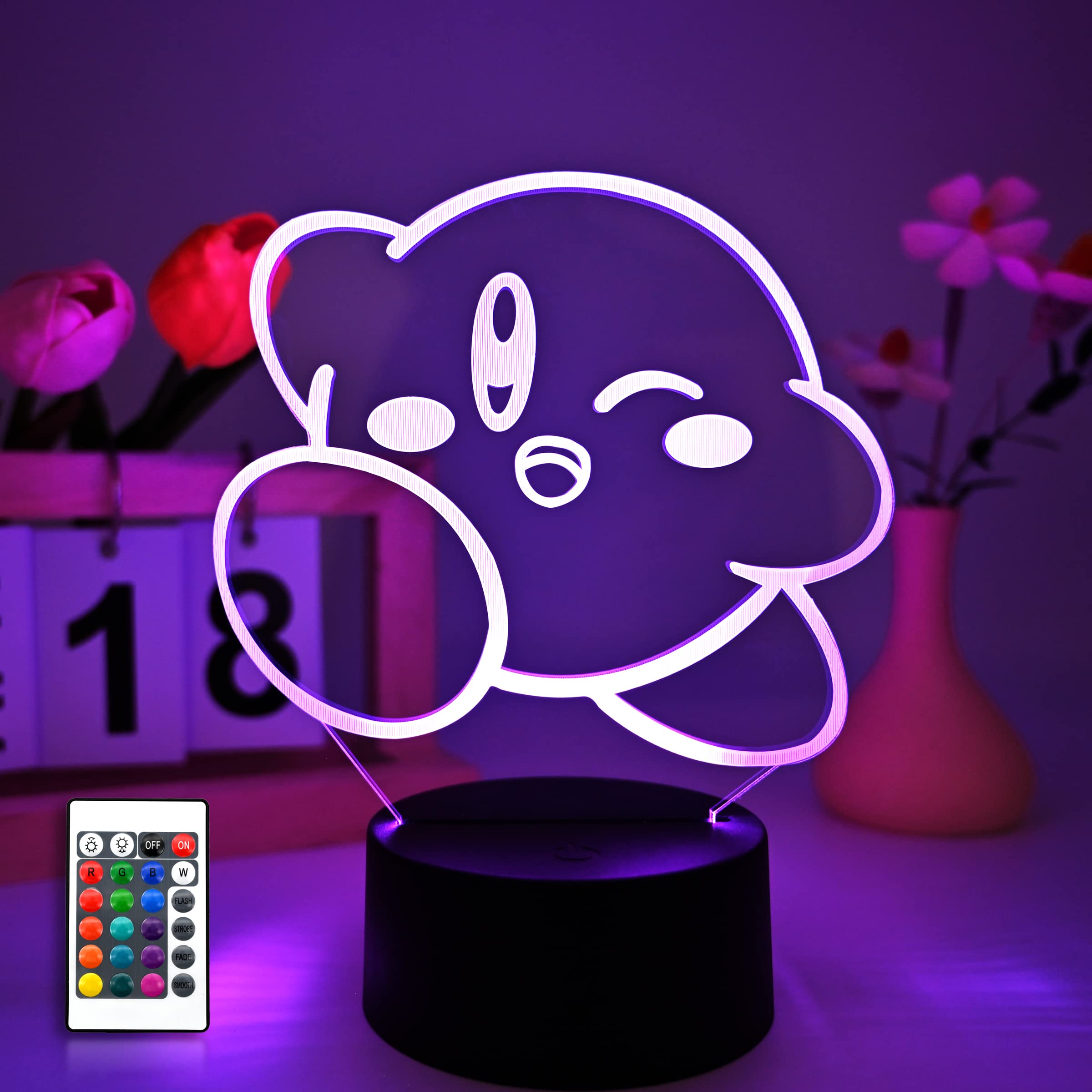 SPSPUK 3D Illusion Lights Anime Kir by 3D Night Lights Cute Cartoon Games Anime Action Dolls Home Decor Lights Kids Birthday Gifts Kirby Figma Christmas Gifts (16 Color with Remote)