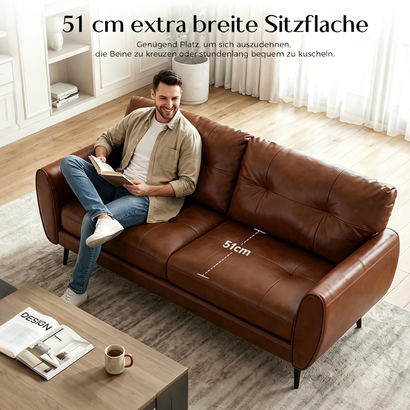 ROCSUMOO Kleiner 2-Sitzer-Sofa, Modernes Brauner Ledersofa, Comfy 2-sitzige Couch kunstledercouch 2er für Kleinwohnungen Wohnzimmer Schlafzimmer (Braun, 1er Set)