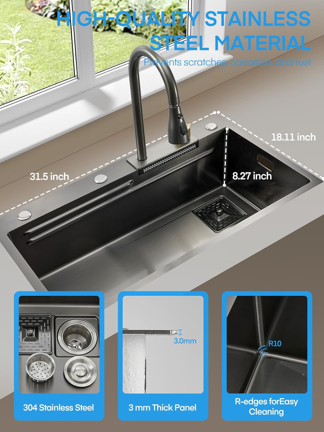 Drop In Waterfall Kitchen Sink Black with Faucet, 31.5x17 Kitchen Sink with Cold and Hot Water, 11 Gauge Stainless Steel Topmount Single Workstation Bowl with Multiple Accessories