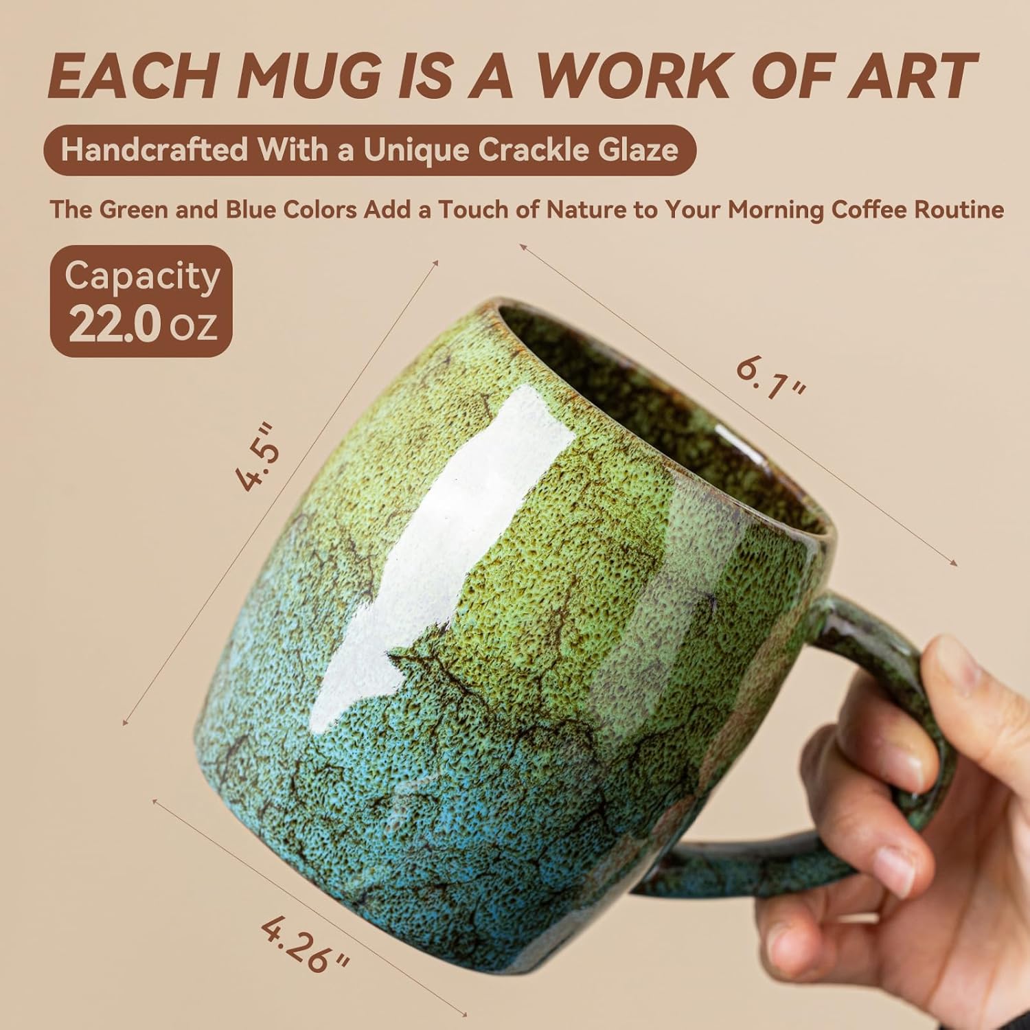 Handmade 22oz Ceramic Coffee Mug, Ergonomic Large Handle, Ideal Gift for Coffee Lovers, Microwave & Dishwasher Safe (Minute-Green&Blue)
