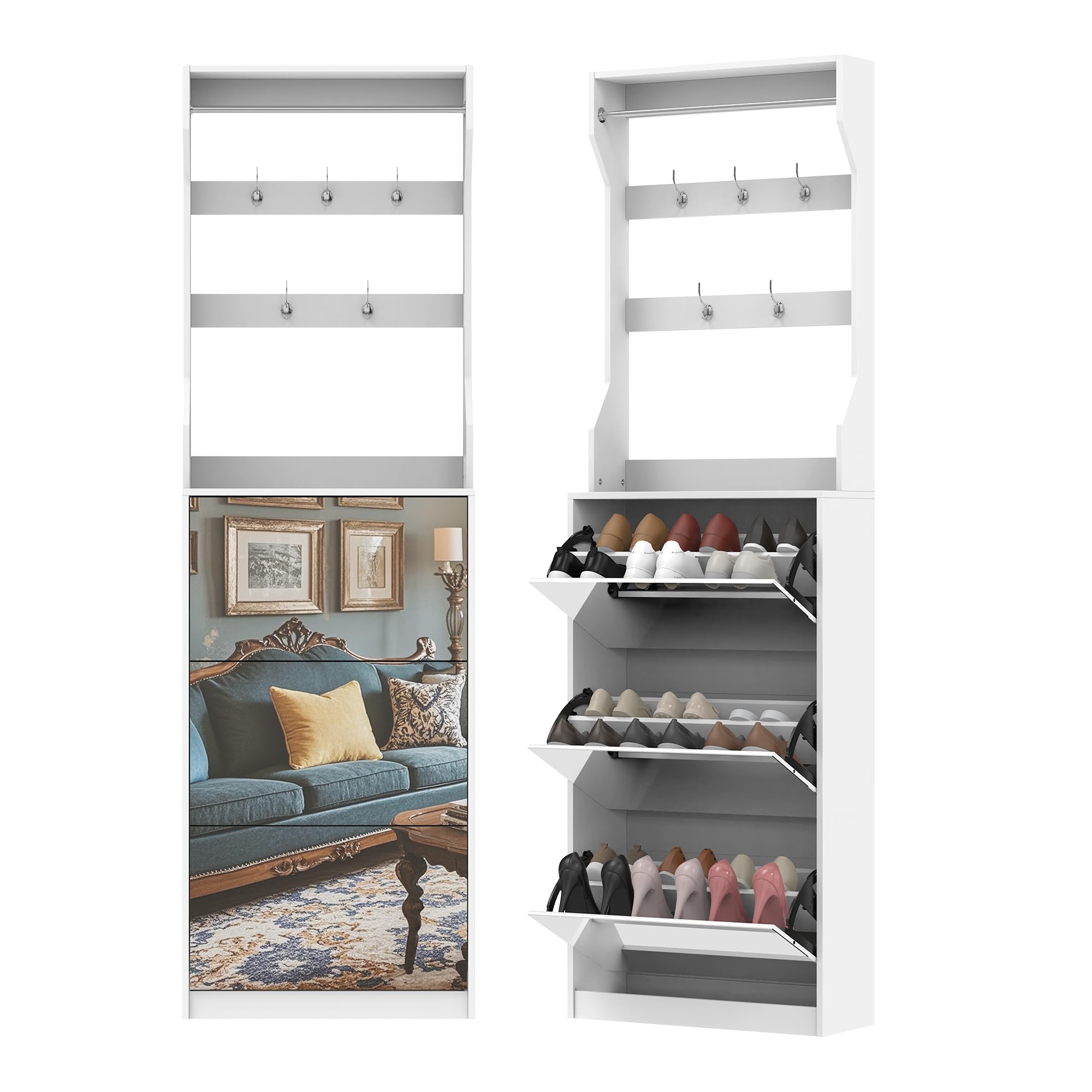SEEDREAMMirror Shoe Cabinet with 3 Flip-Tier Drawers, Mirror Shoe Rack Organizer, White