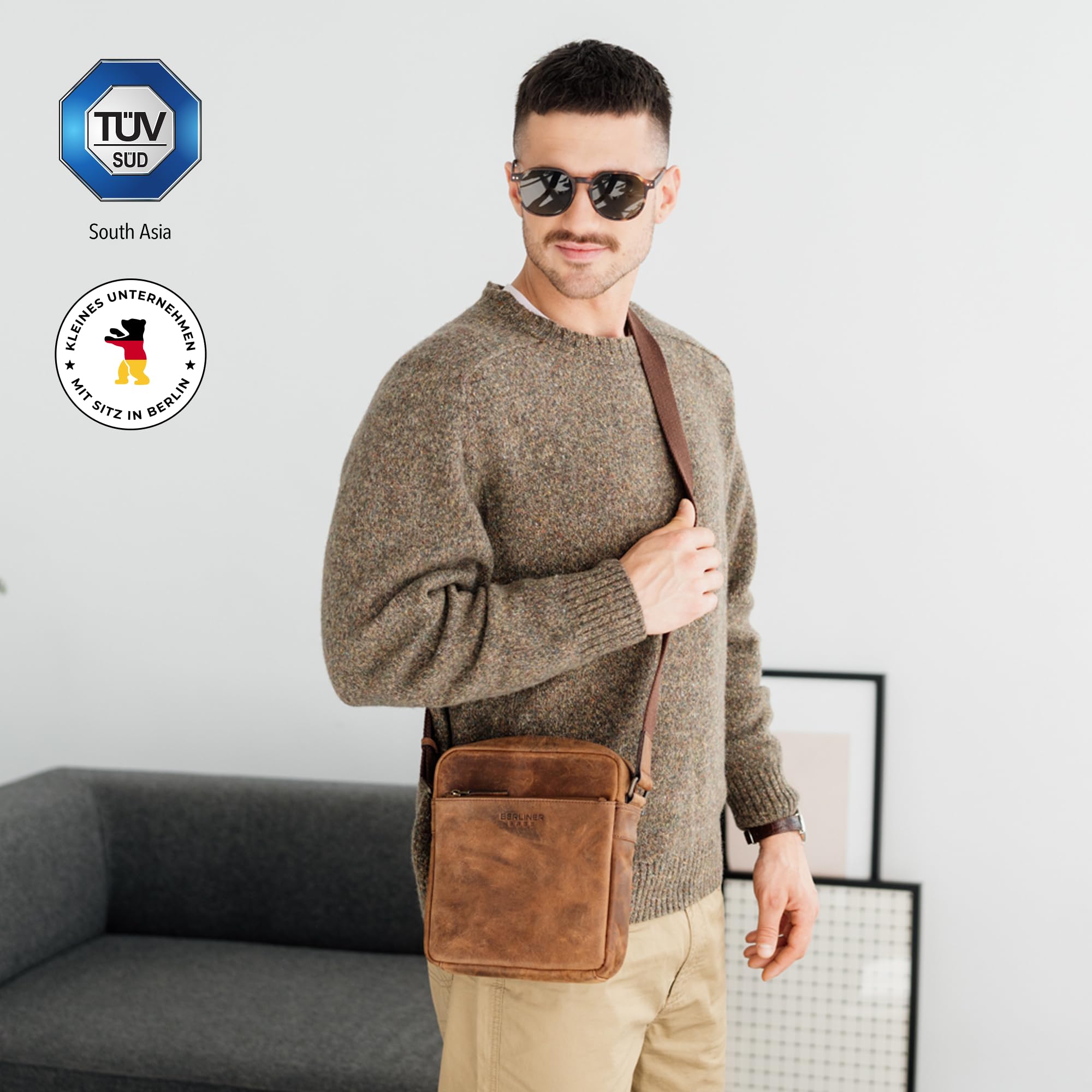 Berliner Bags Vintage Umhängetasche Tom, Schultertasche aus Leder, Männerhandtasche und Crossbody für Herren