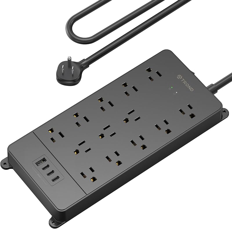 Surge Protector Power Strip 5ft Cord, 4000J, 4 USB, ETL Listed, Black | 13 Widely-Spaced Outlets Expansion with USB C Ports, Low-Profile Flat Plug, Wall Mount, Extension Cord, 14AWG Heavy Duty