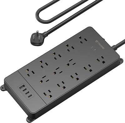 TROND Surge Protector Power Bar USB C, 13 Widely Spaced Outlets, Black, 5ft