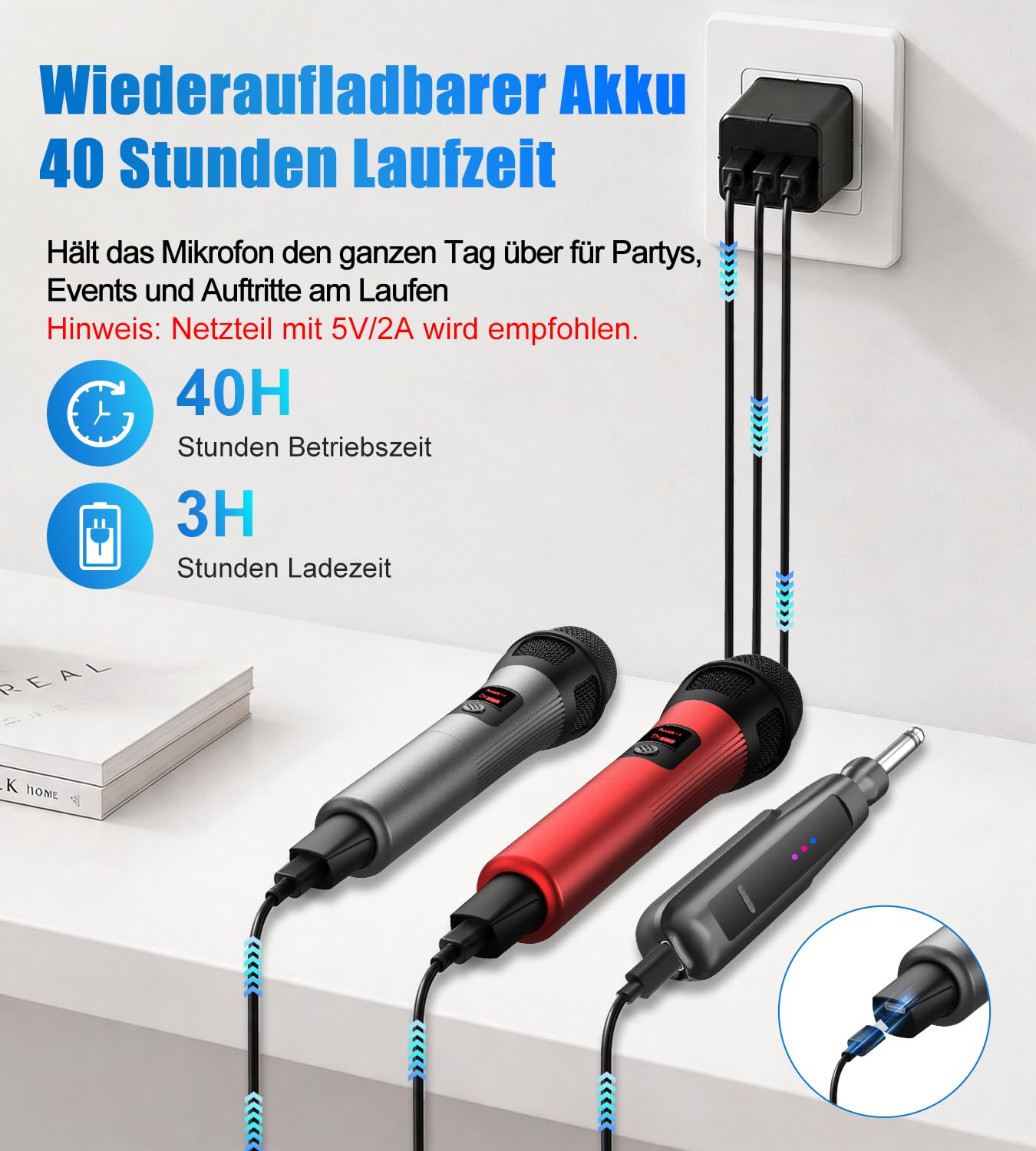 Aveek Kabelloses Karaoke-Mikrofon mit 80 m Reichweite & 40 Std. Akku – wiederaufladbar, klarer Klang, sofort einsatzbereit für Karaoke, Bühnenauftritte, Vorträge, Rot & Schwarz, 2er-Pack | Stabiles Funksignal, High-Fidelity-Klang, < 2 ms Latenz, faltbarer