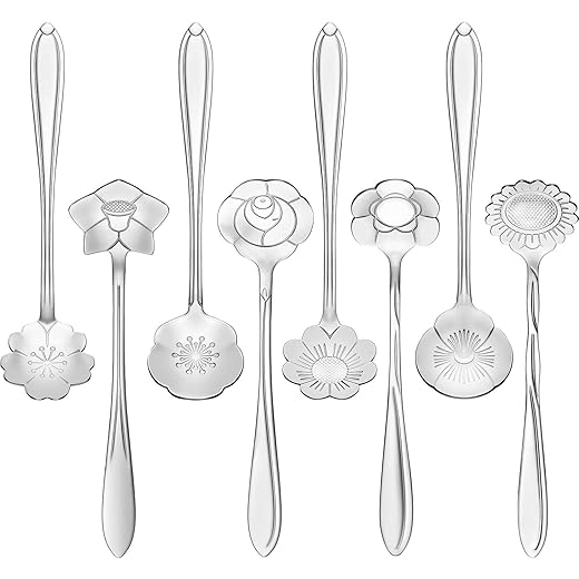8 Pieces Flower Spoon Coffee Teaspoon Set Stainless Steel Tableware Creative Sugar Tea Stir Bar Stirring Spoon, Different Patterns (Silver)