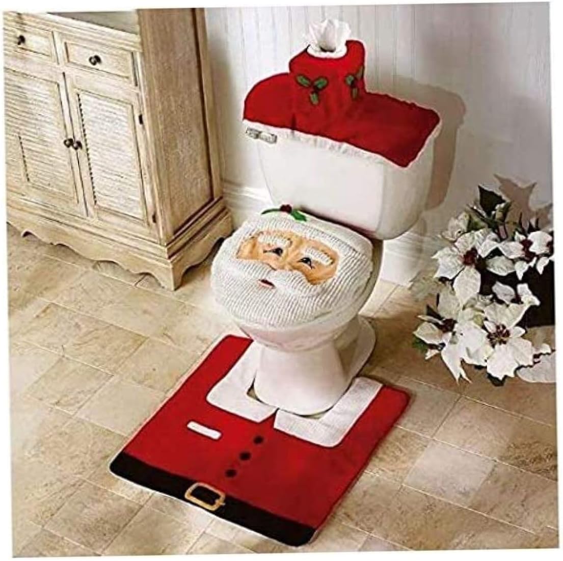Christmas Bathroom Sets, 3pcs/Set Santa Toilet Seat Cover with Tank Lid Cover & Rug, Christmas Toilet Seat Cover Set for Christmas Bathroom Decorations