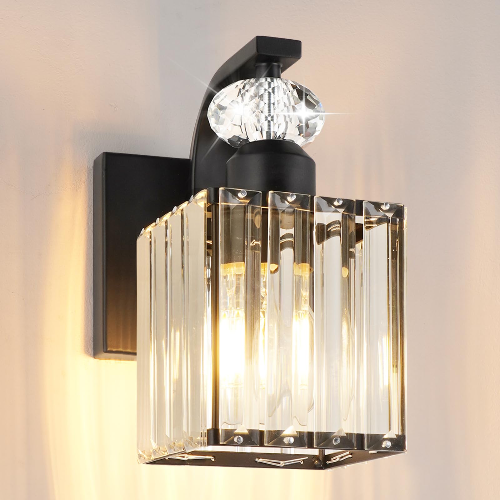 Vikdio 1 Pack Wall Sconce, Black Wall Sconce with Crystal Lampshade, Modern Vanity Lights for Bathroom, Wall Lights for Living Room Bedroom, Includes 1 LED Bulbs