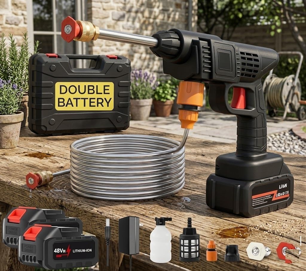 48V Portable Pressure Washer Gun – Cordless High Pressure Cleaner with Double Battery & Spray Nozzle for Car & Bike Washing-image-33