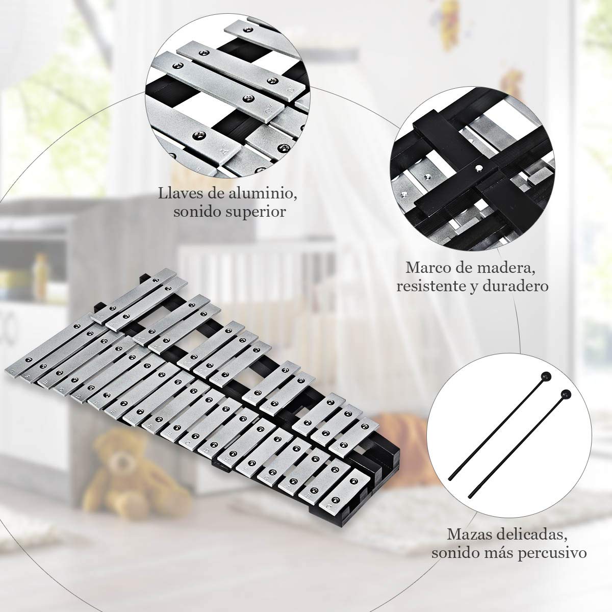 COSTWAY Glockenspiel Xilófono con 30 Notas, Instrumento de Percusión de Madera, Percusión de Mano Plegable con 2 Mazos Estuche, y Bolsa de Transporte Ideal para Niños y Adultos, Blanco y Negro