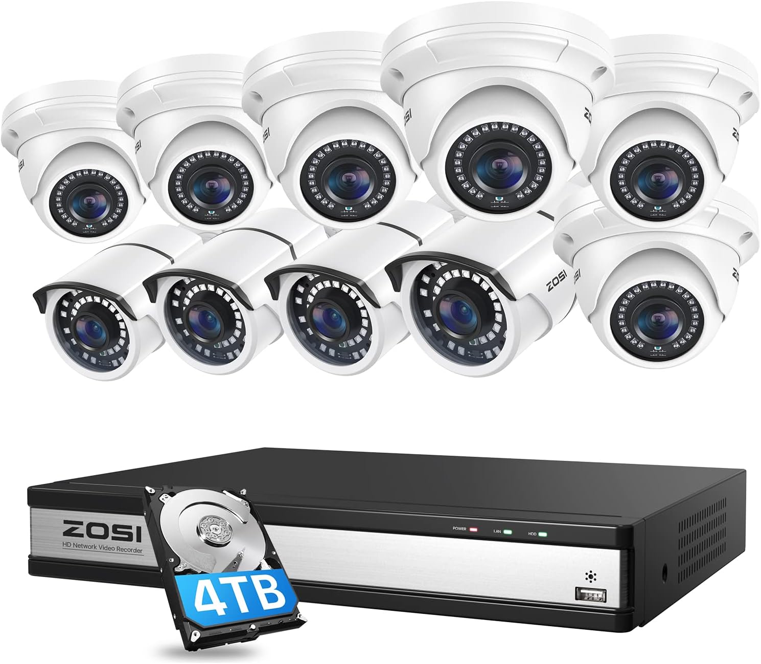 ZOSI 16CH 4K PoE Security Camera System with 4TB Hard Drive and 10pcs 5MP Outdoor Indoor PoE IP Surveillance Cameras,H.265+ 16 Channel 8MP NVR Recorder,120ft Night Vision,Remote Access,24/7 Recording