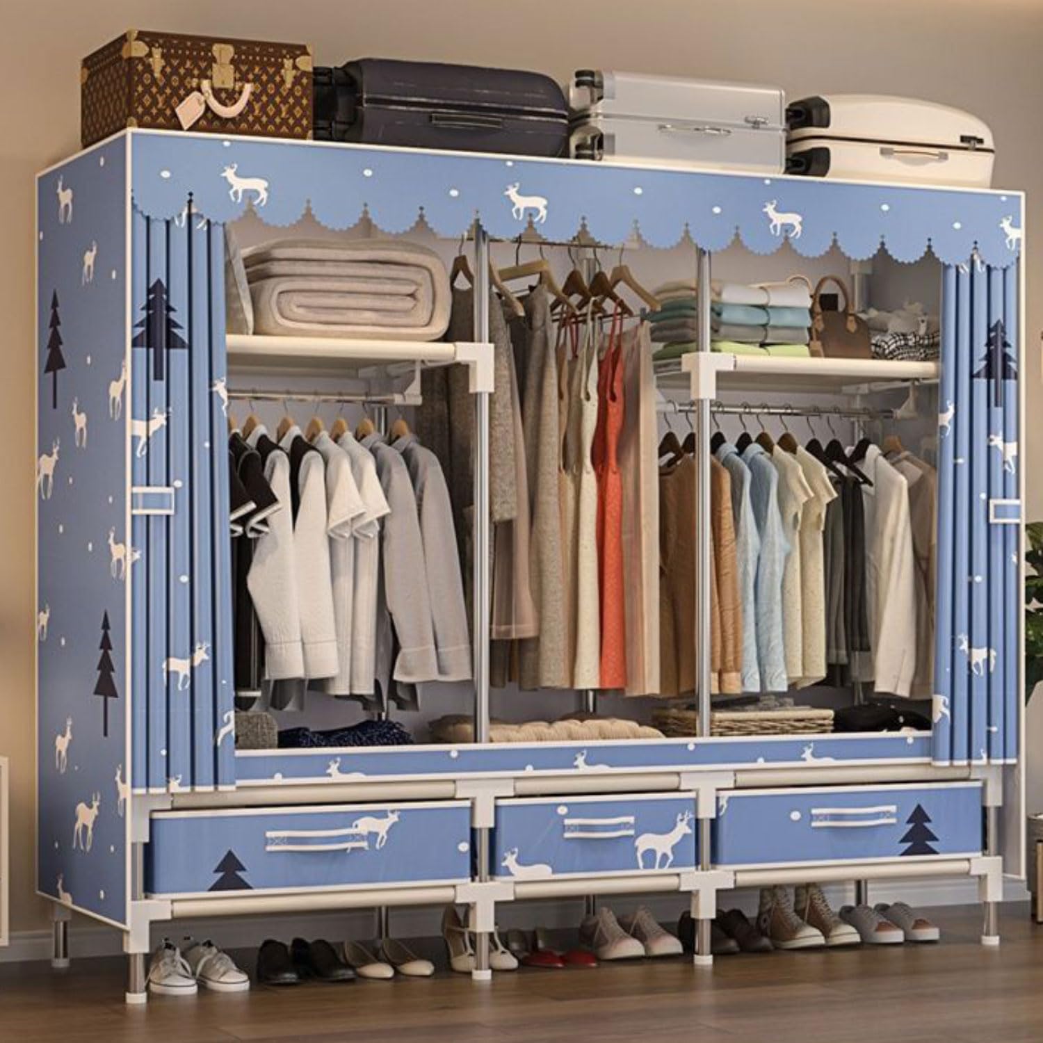 Portable Wardrobe, Foldable Fabric Wardrobe, Clothes Storage Organiser with Hanging Rail, Shelves, Fabric Cover for Bedroom, Large Storage Space Foldable wardrobe,