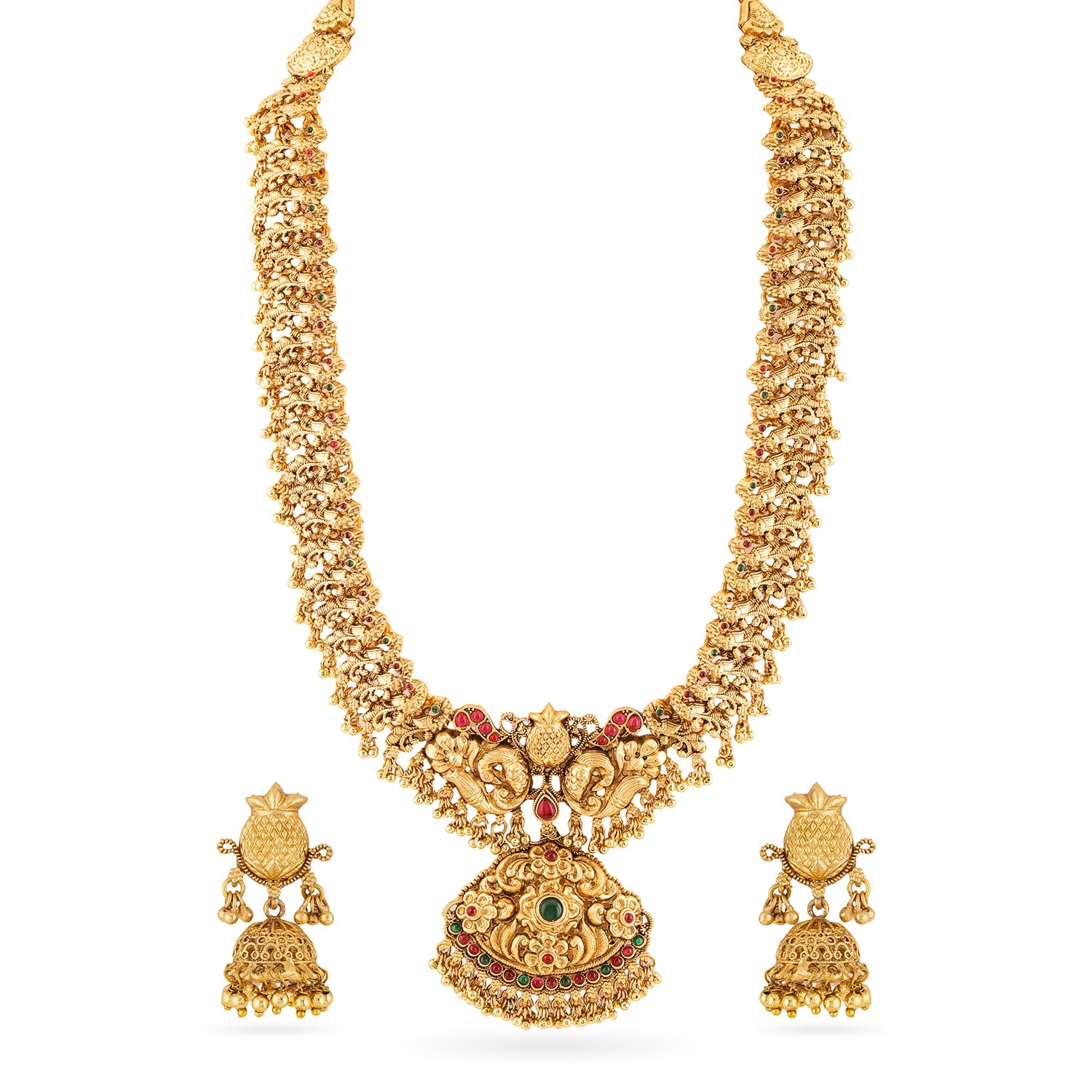 22K Gold-Plated Brass Long Temple Jewellery Set with Lakshmi & Peacock Motifs Ruby Red & Emerald Green Stone Detailing and Earrings for Women & Girls – Perfect for Bridal & Festive Styling-image-33