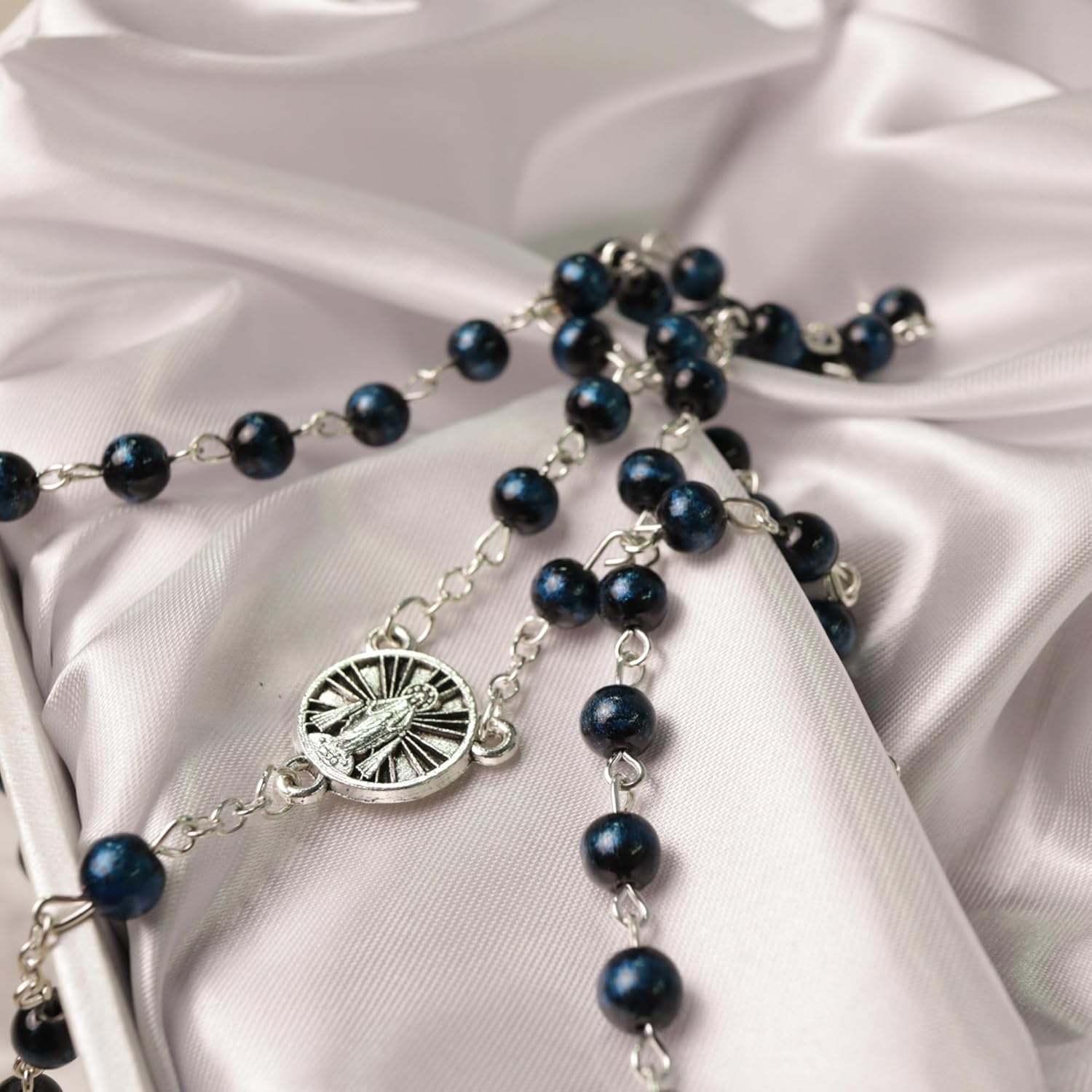 Needzo Our Lady of Grace Rosary, Blue Glass Prayer Beads with Ornate Crucifix, Catholic Gifts for Women, 19.5 Inches - Image 6