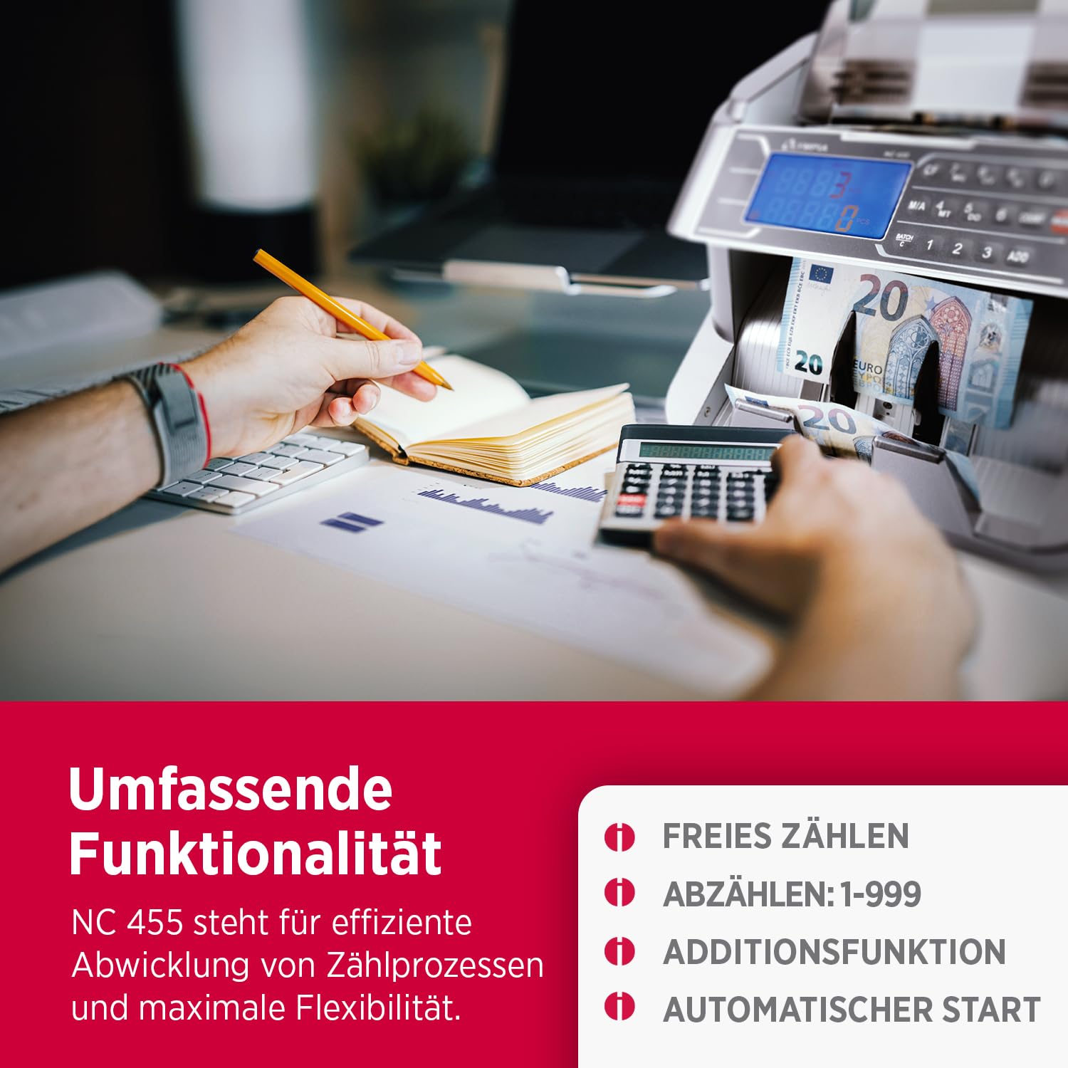 Olympia NC 455 Geldzählmaschine & Geldscheinprüfer | Geldzähler für alle Scheine | UV & MG Prüfung | Zählmaschine für 1-9999 Noten | LCD Display | 1000 Noten/Min | Autom. Start | Falschgeld Prüfer