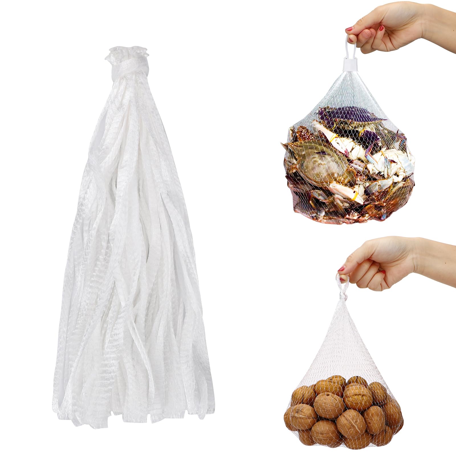 ENPOINT 100 Pack Onion Storage Net Bag, Mesh Bags for Vegetables Seafood Boil Bags with Loop-Style Closures, Reusable Produce Bags for Crawfish Boil Crab Boil Garden Trellis, 17.7 inch White