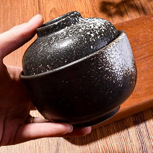 Miniatura 4 de Tazón de cerámica para sopa y cereales con tapa, cuenco de microondas de 7.7 onzas, cuenco japonés para sopa, cereales, aperitivos y postres, color