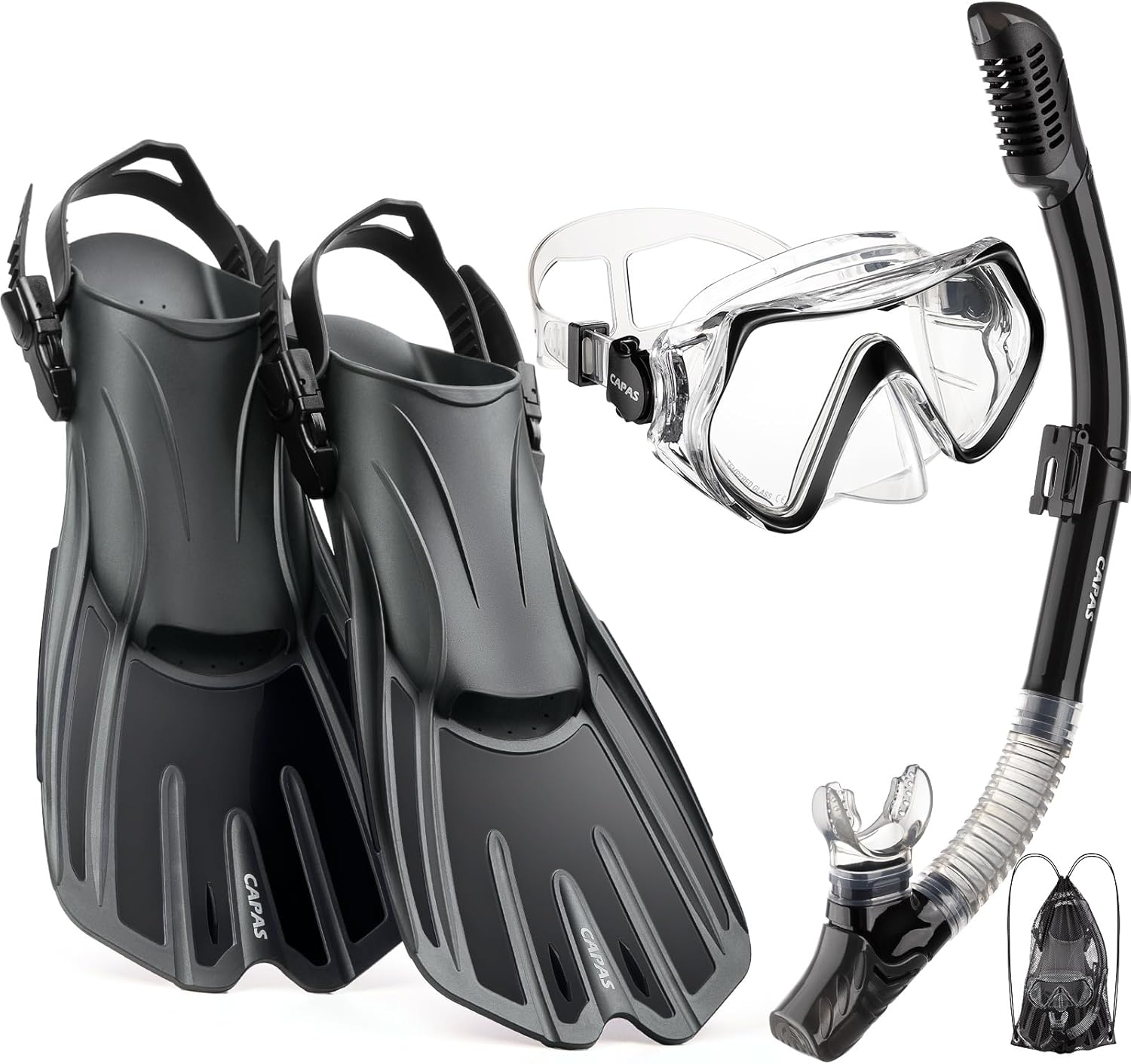CAPAS Snorkel Mask Fins Set for Adults: Travel-Size Snorkeling Gear with Adjustable Short Fins, Anti-Fog Mask, Dry Top Snorkel & Mesh Bag