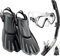 CAPAS Snorkel Mask Fins Set for Adults: Travel-Size Snorkeling Gear with Adjustable Short Fins, Anti-Fog Mask, Dry Top Snorkel & Mesh Bag