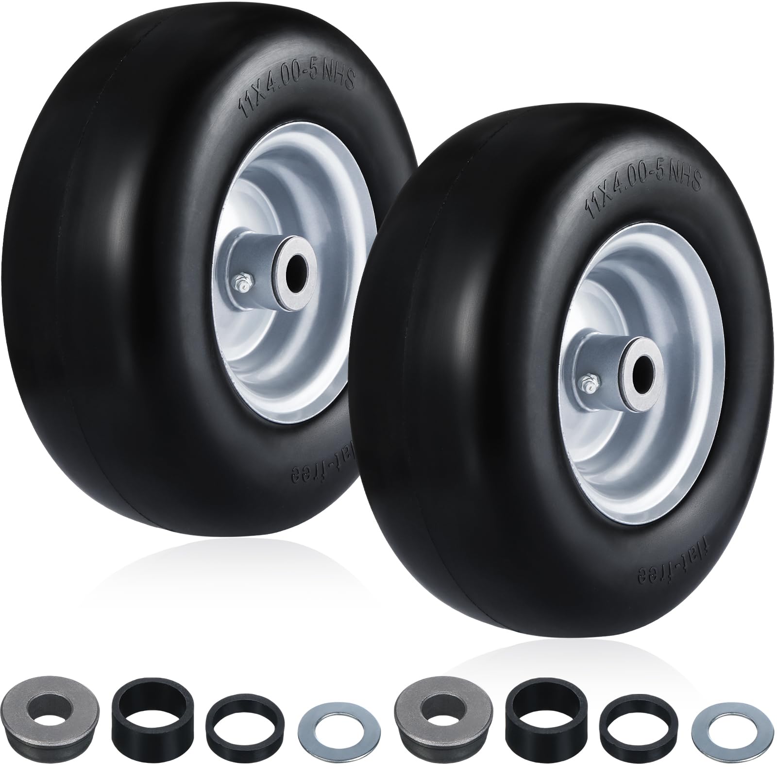 2 Pcs 11x4.00-5 Flat Free Lawn Mower Tires on Wheel, 3.4-4''-4.5''-5 Centered Hub and 3/4 or 5/8 Bushing, Solid Smooth Tread Tire for Zero Turn for Lawn, Garden Turf