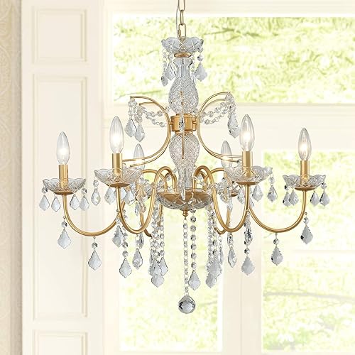 Miniatura 2 de Bestier Candelabro de cristal elegante con acabado dorado, 6 luces, lámpara de techo colgante LED, diámetro de 26 pulgadas x 26 pulgadas de alto