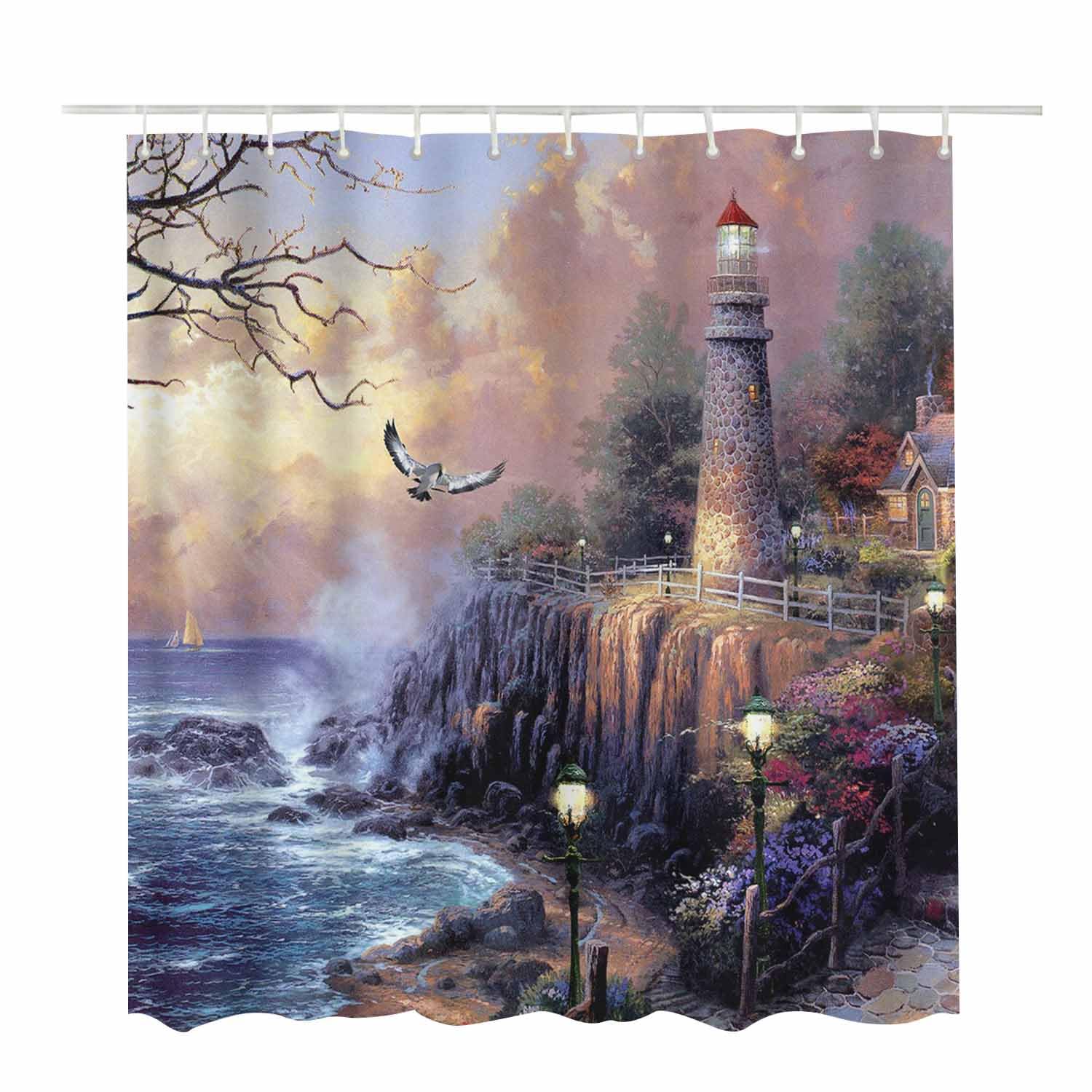 Woutay Shower Curtain Mould Proof Resistant Seaside Lighthouses and Cabins Painting,Water Repellant Fabric,Polyester,with 12 Plastic Hooks,Size 180x180CM - Image 2