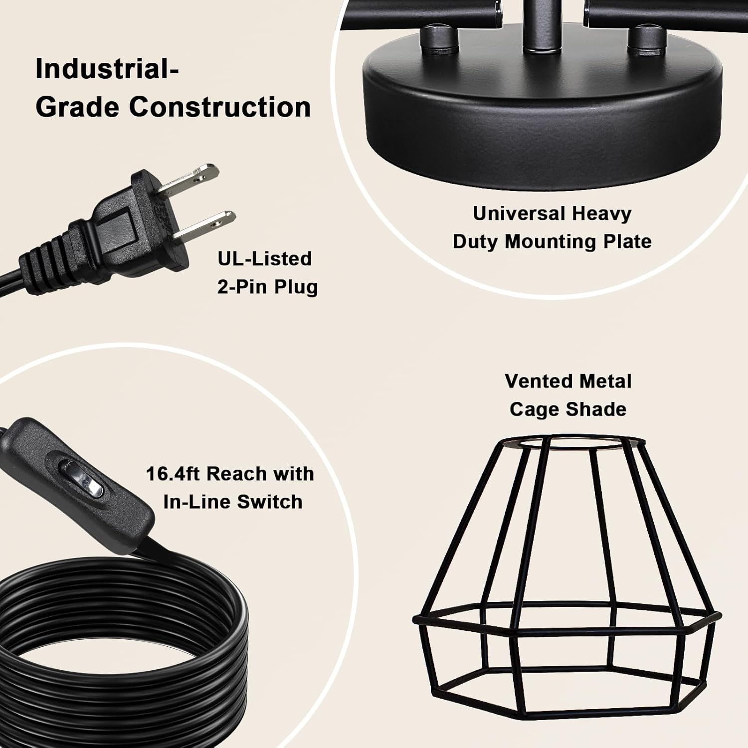 HiBay Track Lighting Plug in, 3-Light Directional Ceiling Light Fixture Black, Farmhouse Plug-in Track Light E26 Wall Spotlight with 16.4ft Cord & in-Line On/Off Switch for Kitchen Dining Room